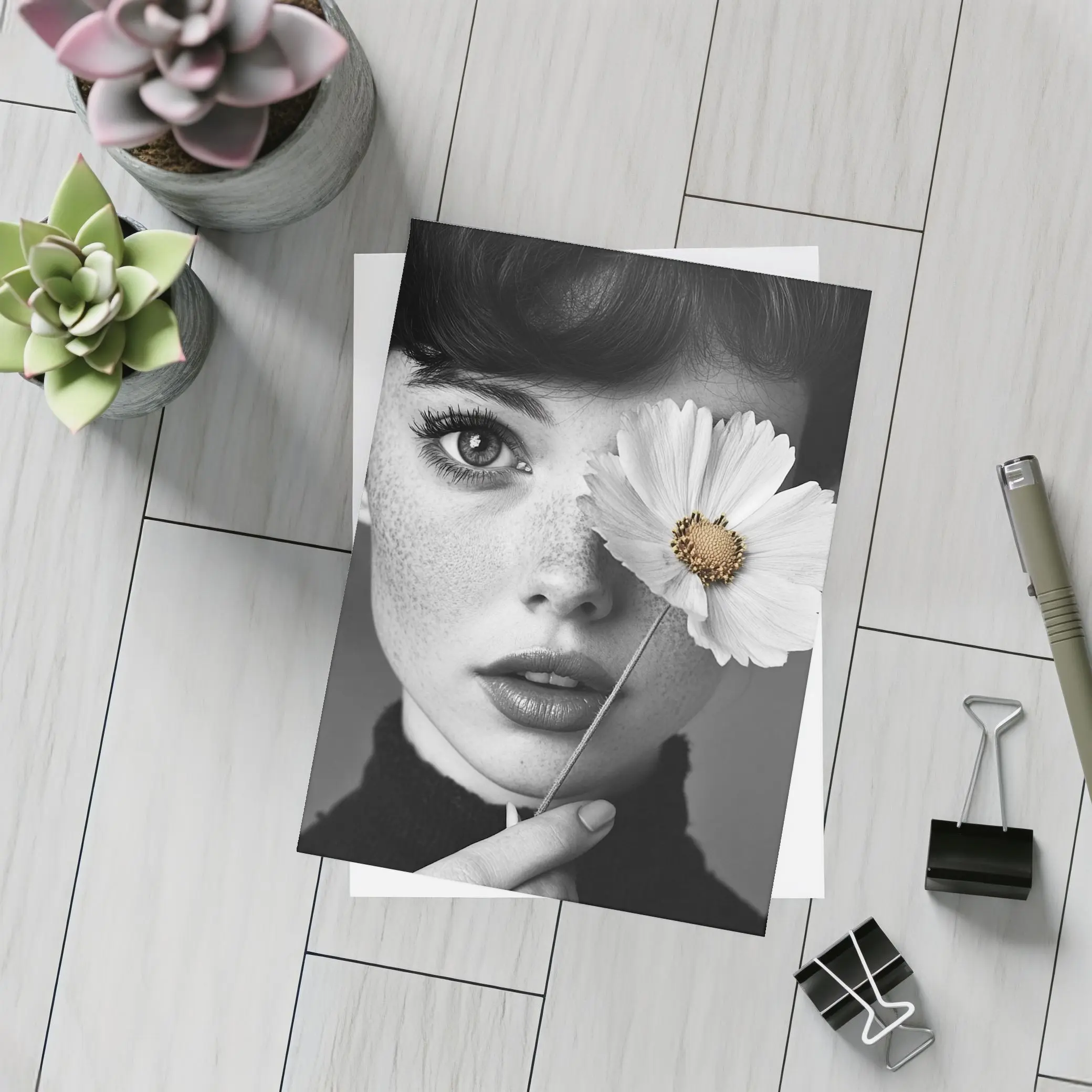 Freckled Woman Holding Cosmos Flower Portrait – Postcards