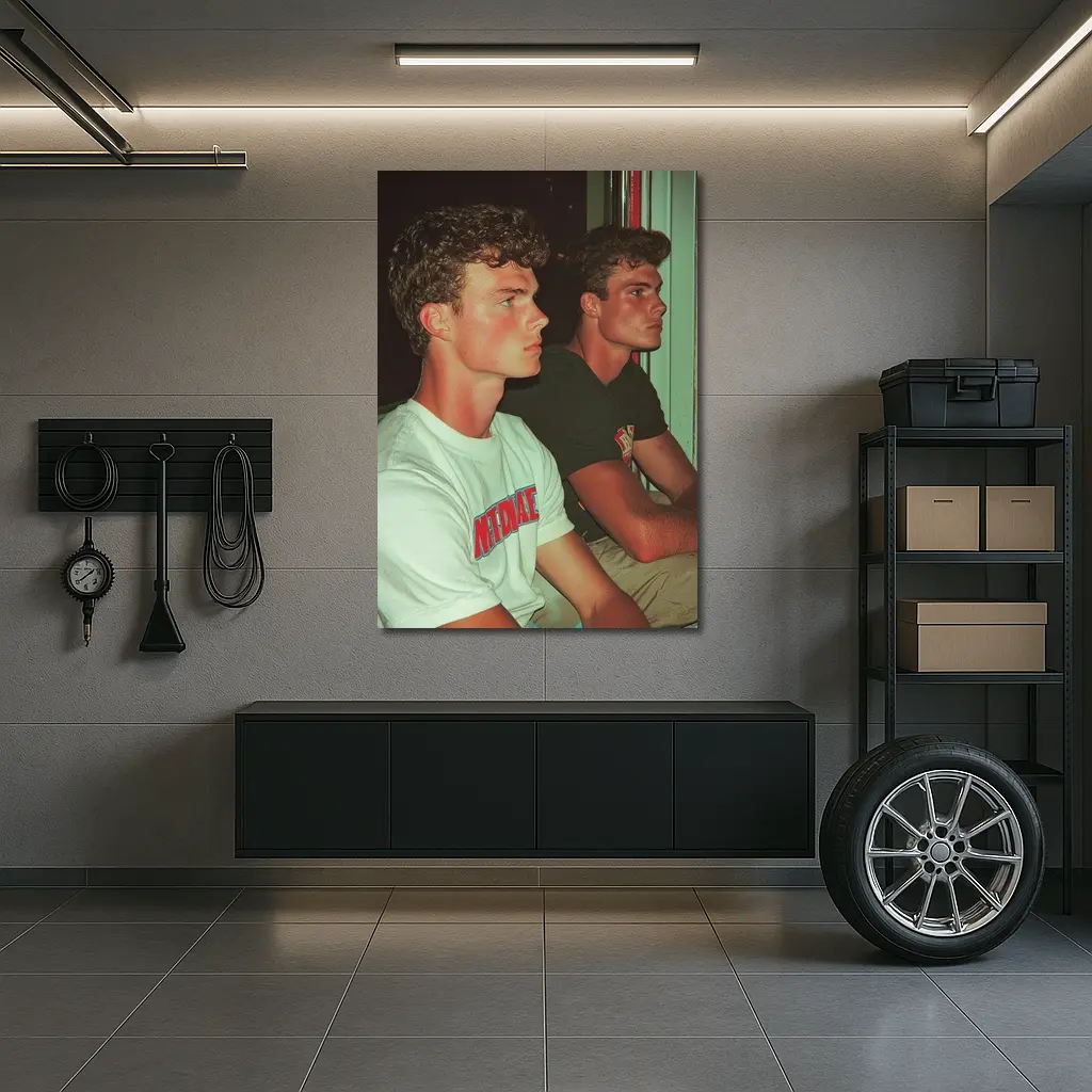Two Young Men Sitting Together Indoors – Wall Art