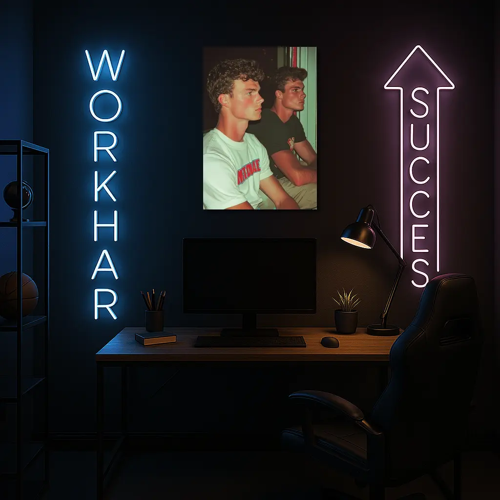 Two Young Men Sitting Together Indoors – Wall Art