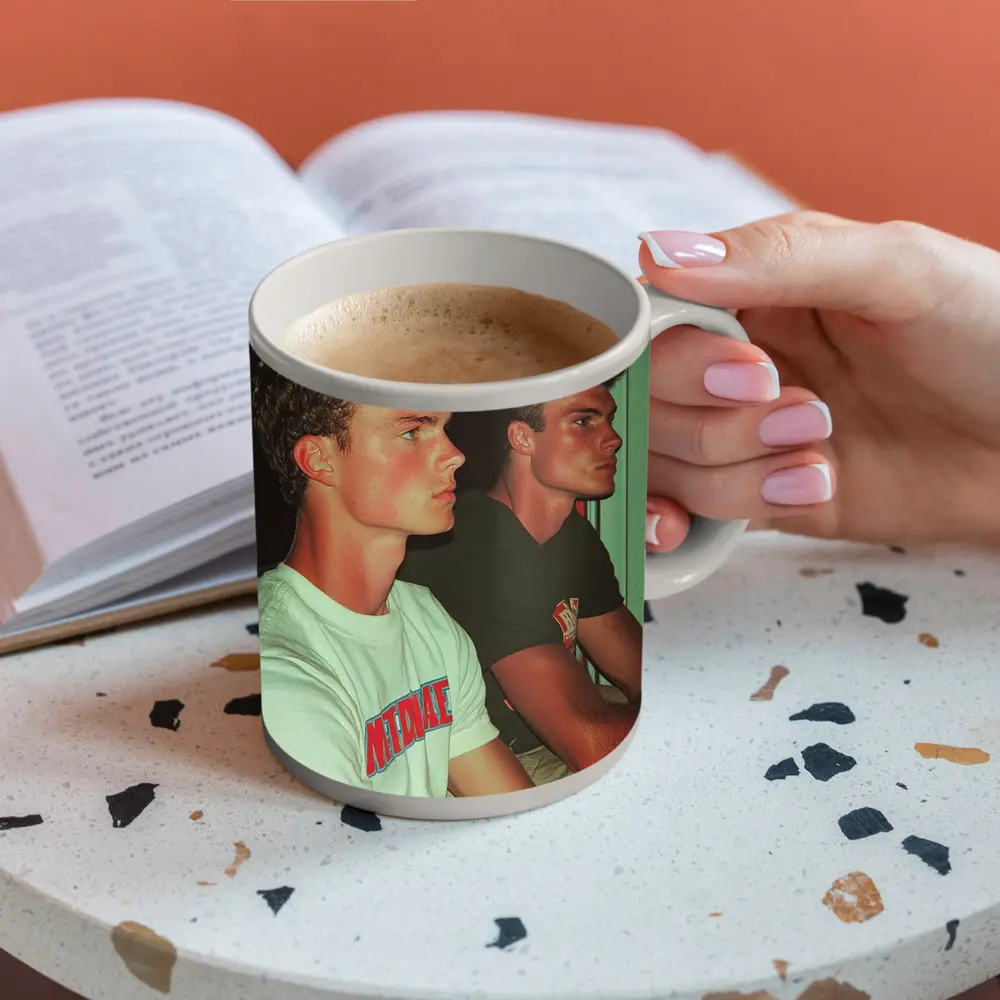 Two Young Men Sitting Together Indoors – Mugs
