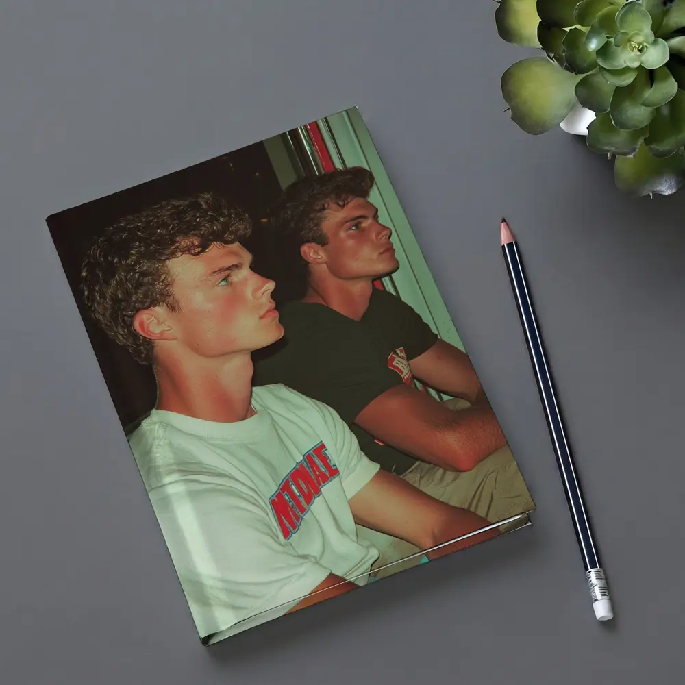 Two Young Men Sitting Together Indoors – Notebooks