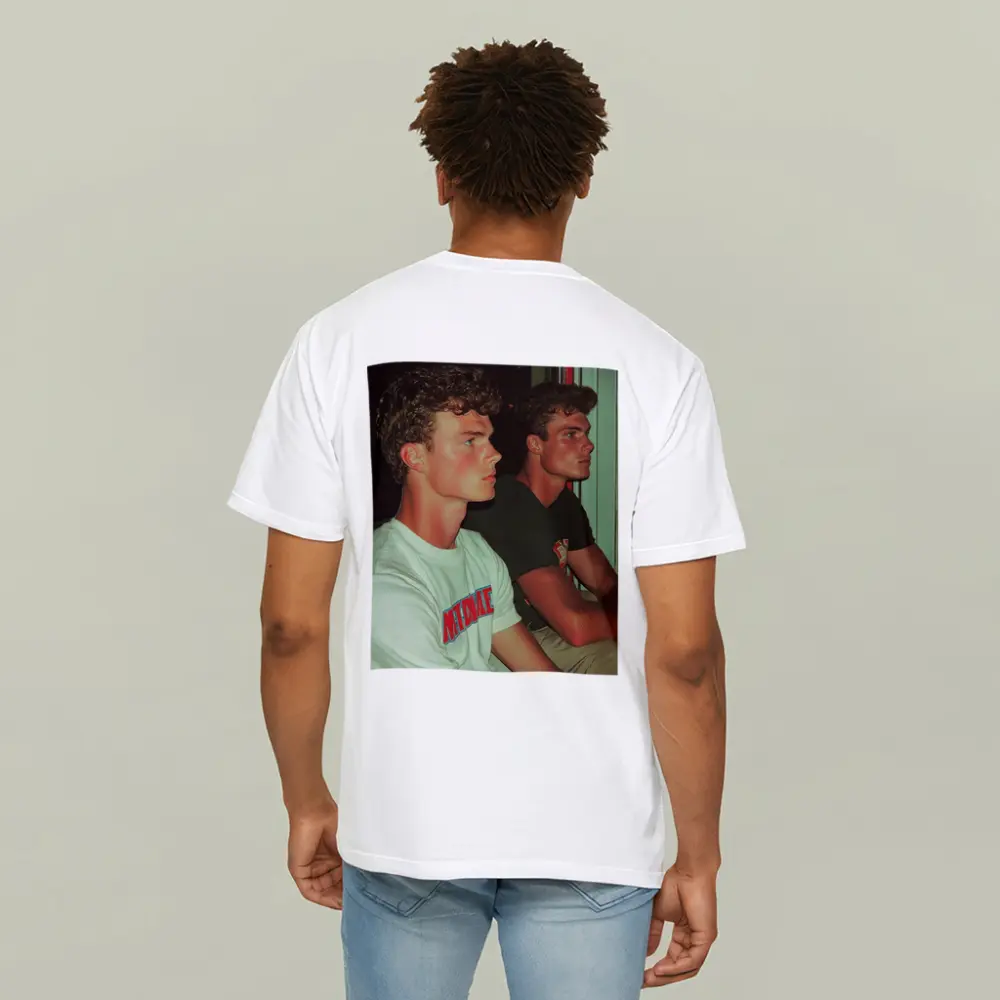 Two Young Men Sitting Together Indoors – T-Shirts