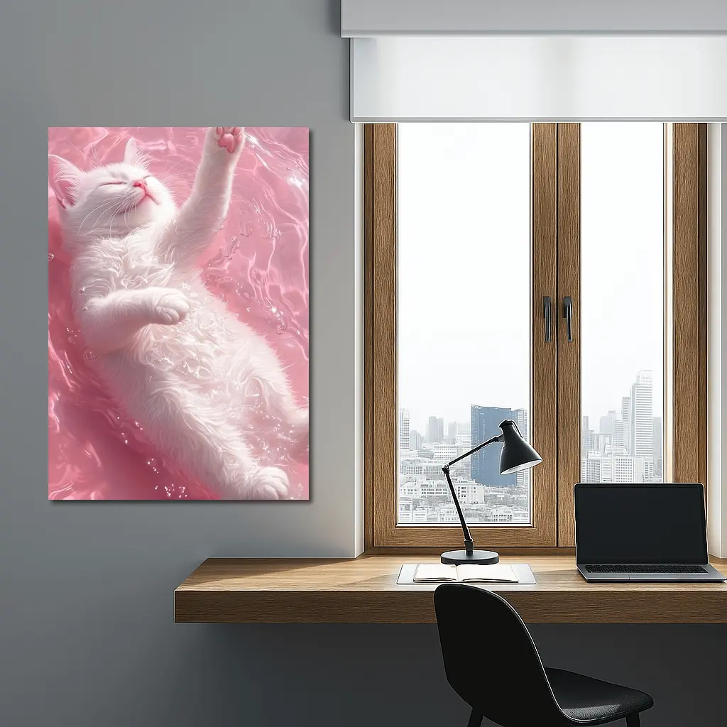 White Cat Floating Pink Water Digital Art – Wall Art