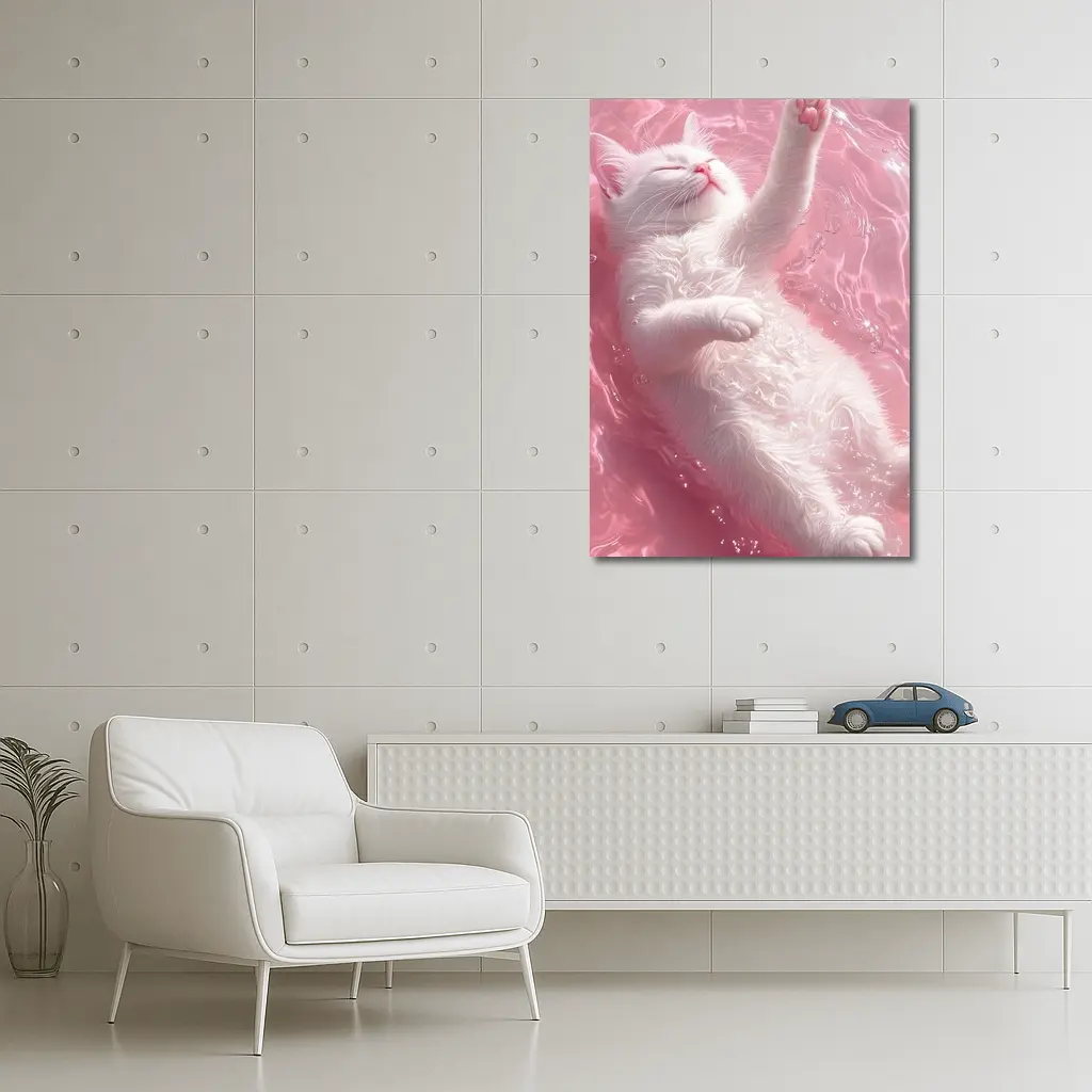 White Cat Floating Pink Water Digital Art – Wall Art