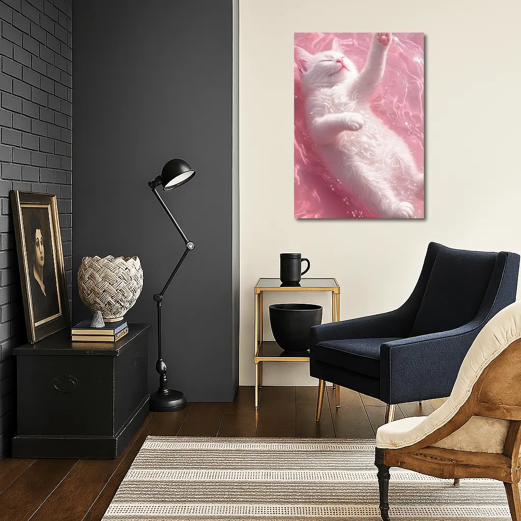 White Cat Floating Pink Water Digital Art – Wall Art