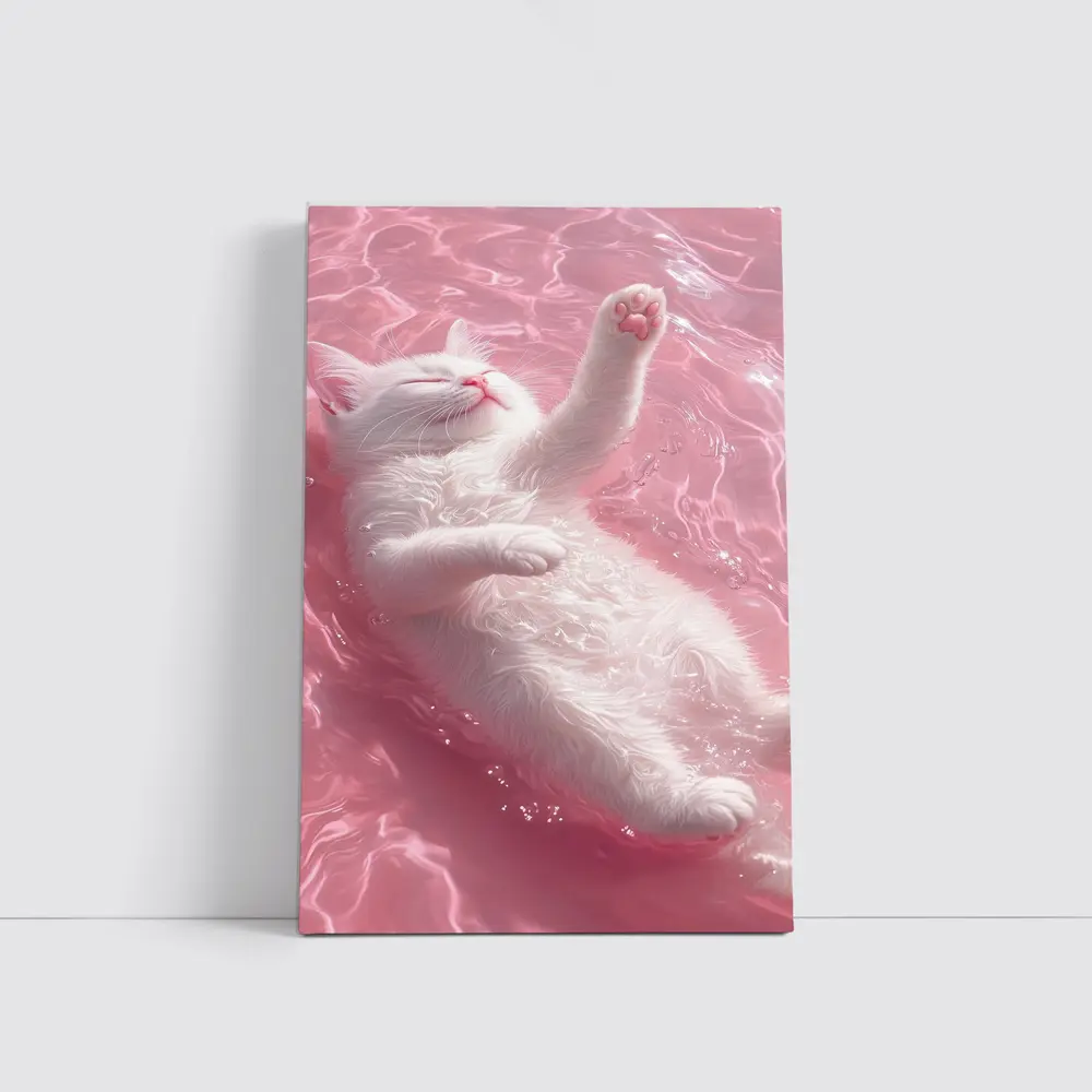 White Cat Floating Pink Water Digital Art – Wall Art