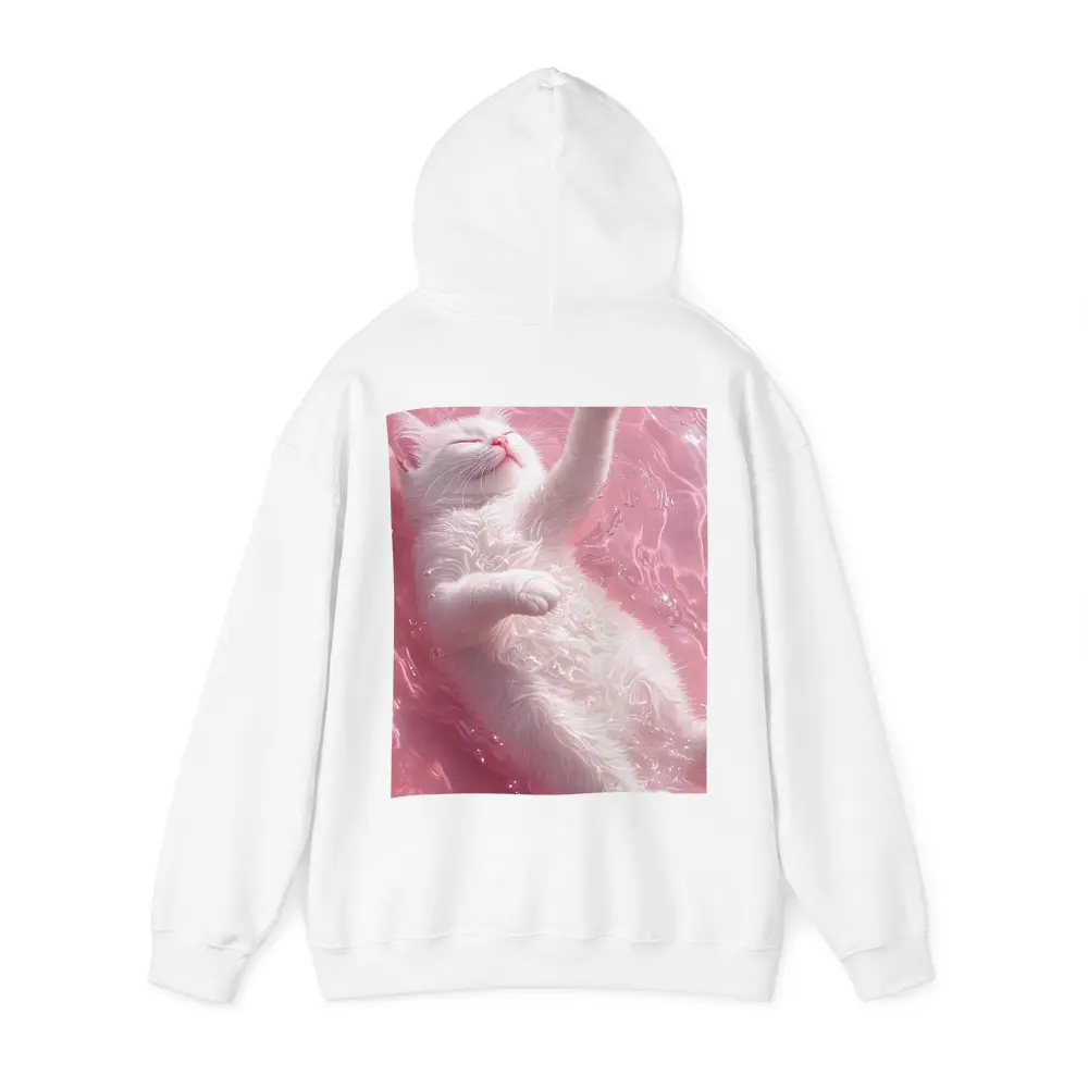 White Cat Floating Pink Water Digital Art – Hoodies