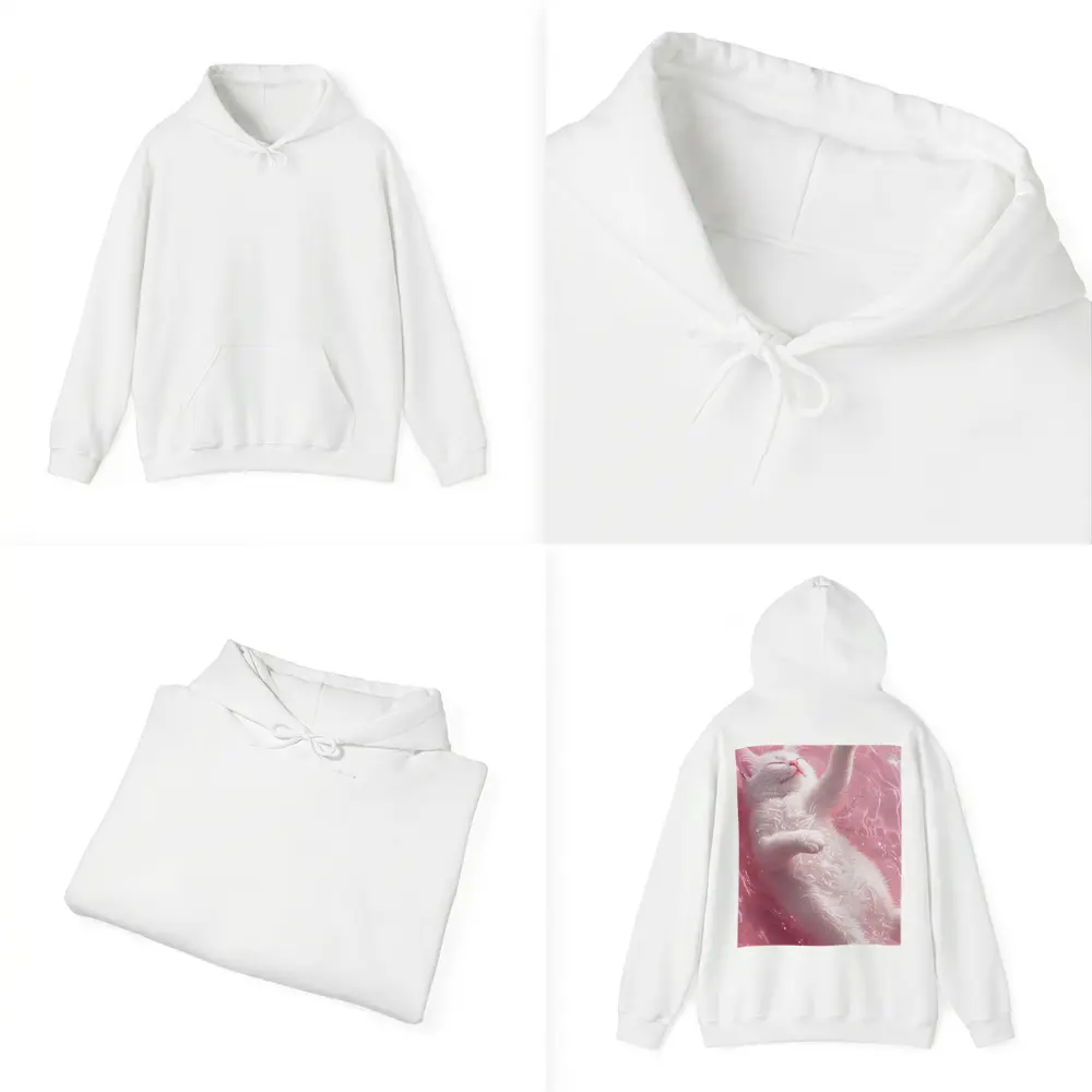 White Cat Floating Pink Water Digital Art – Hoodies