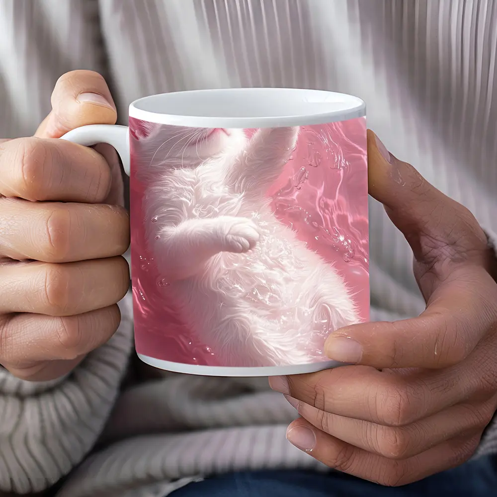 White Cat Floating Pink Water Digital Art – Mugs