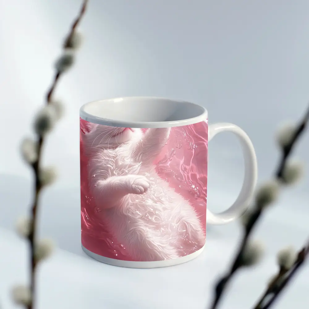 White Cat Floating Pink Water Digital Art – Mugs