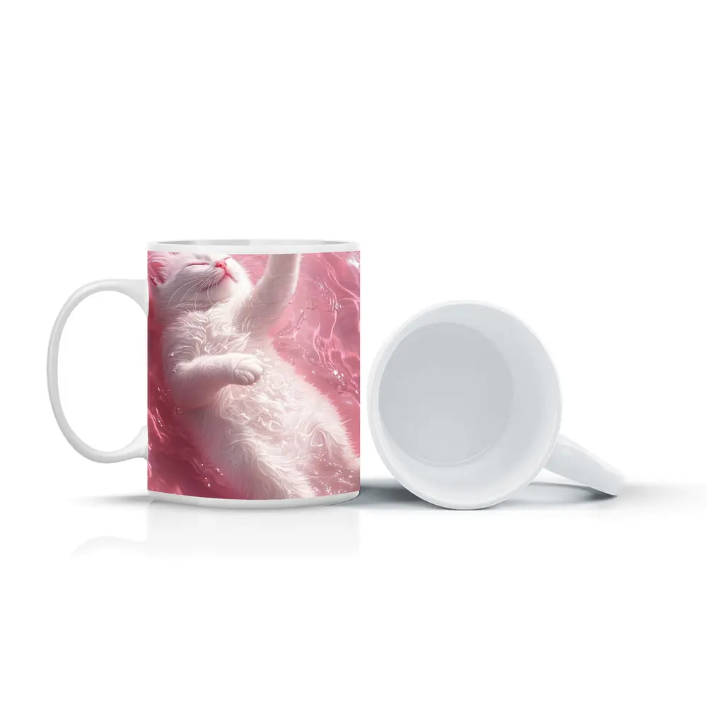 White Cat Floating Pink Water Digital Art – Mugs
