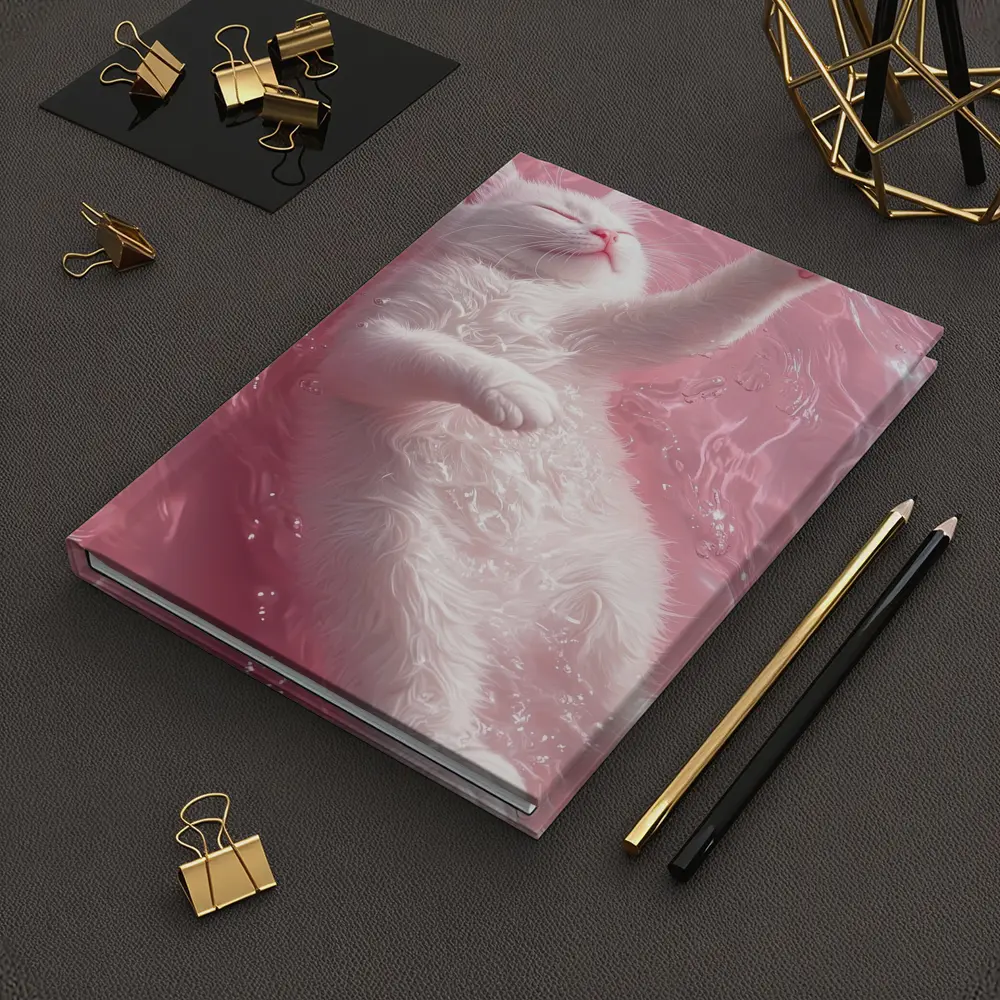 White Cat Floating Pink Water Digital Art – Notebooks