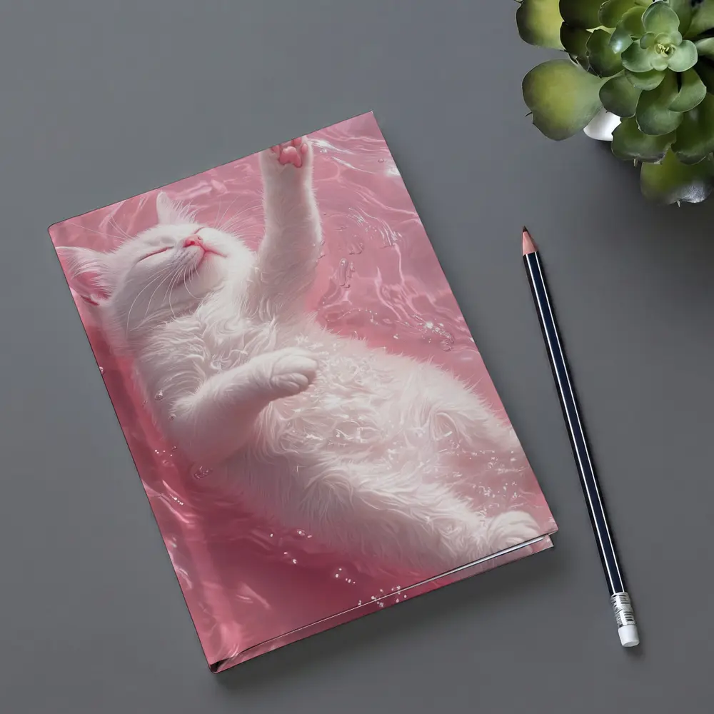White Cat Floating Pink Water Digital Art – Notebooks