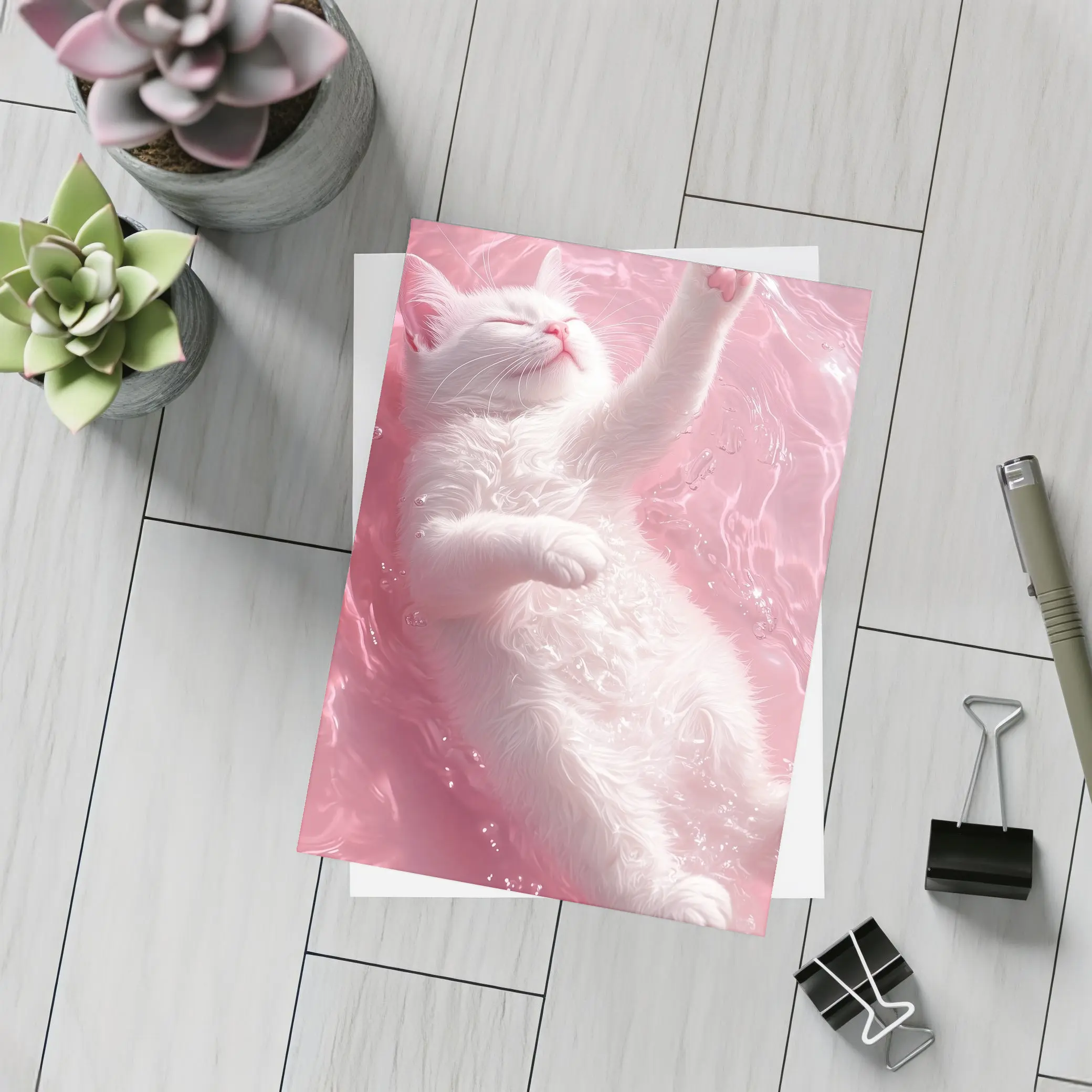 White Cat Floating Pink Water Digital Art – Postcards