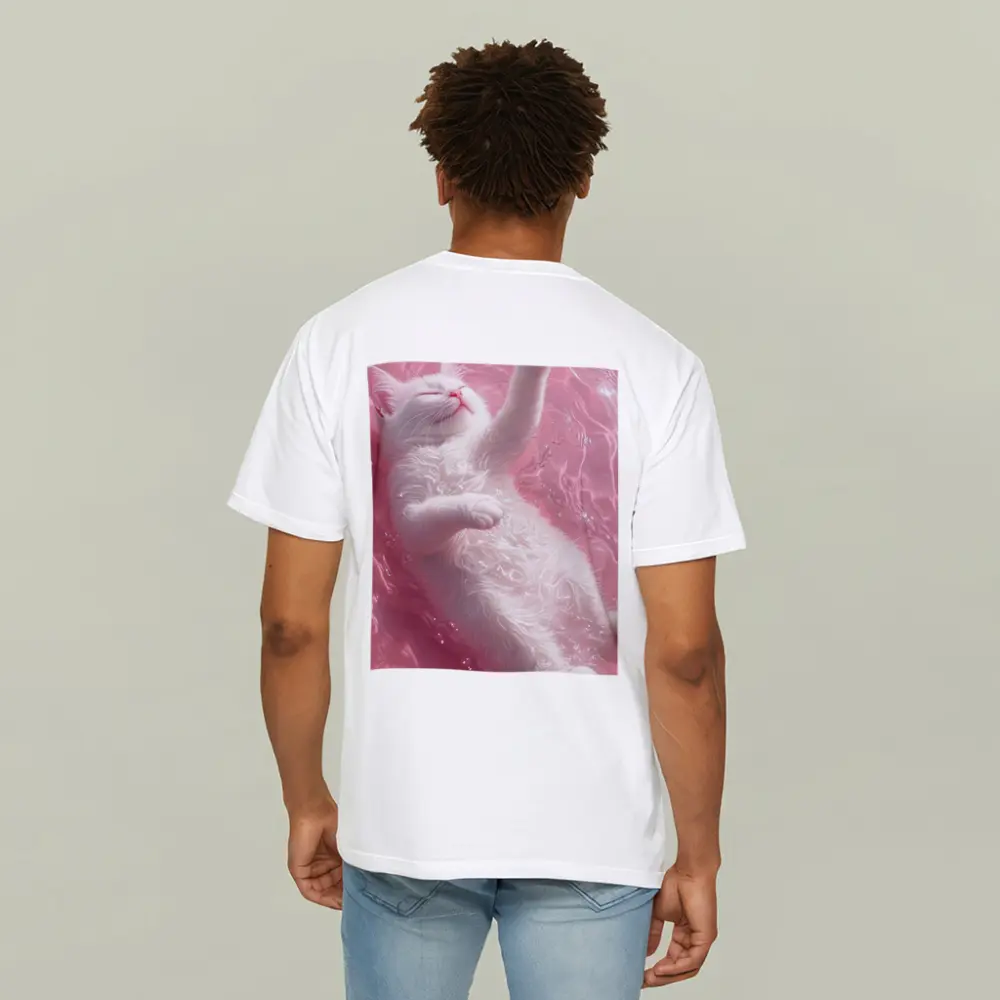 White Cat Floating Pink Water Digital Art – T-Shirts