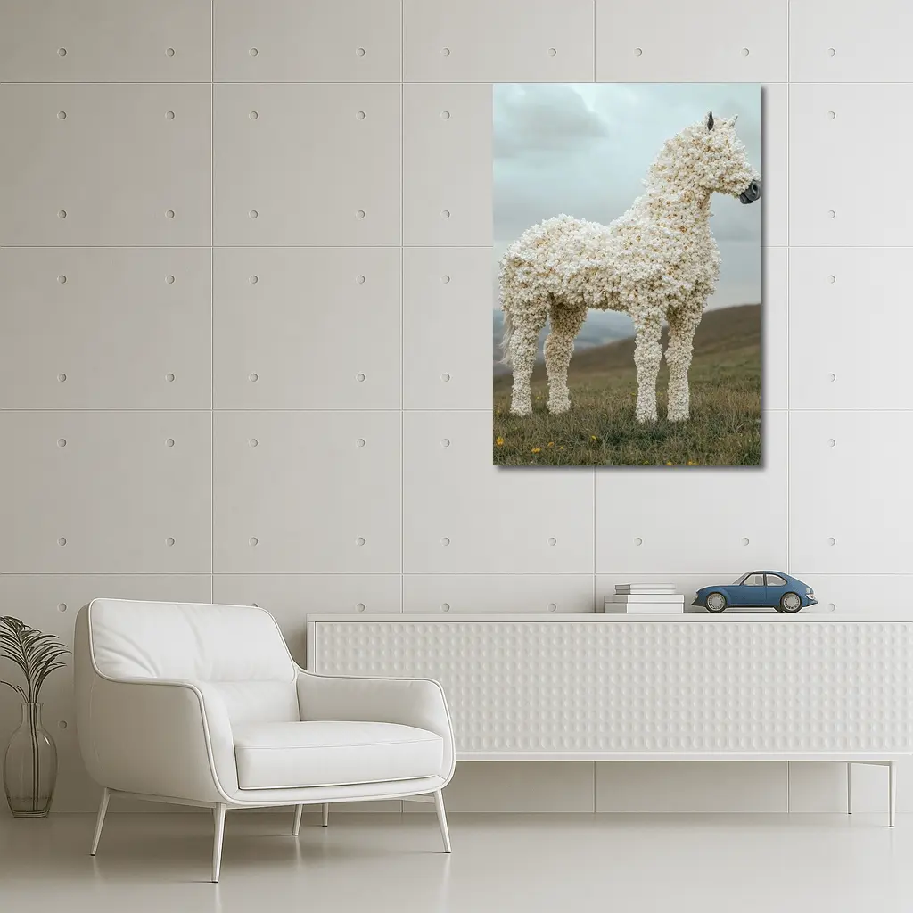 Popcorn Horse Sculpture Standing On Green Hills – Wall Art