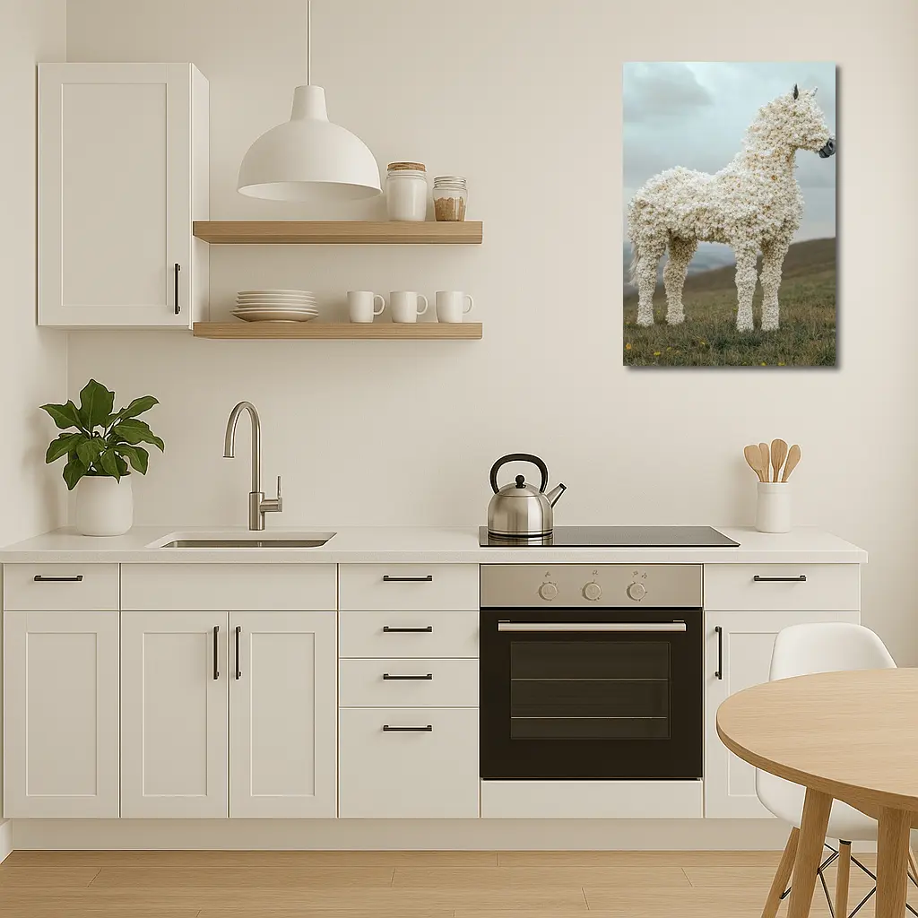 Popcorn Horse Sculpture Standing On Green Hills – Wall Art