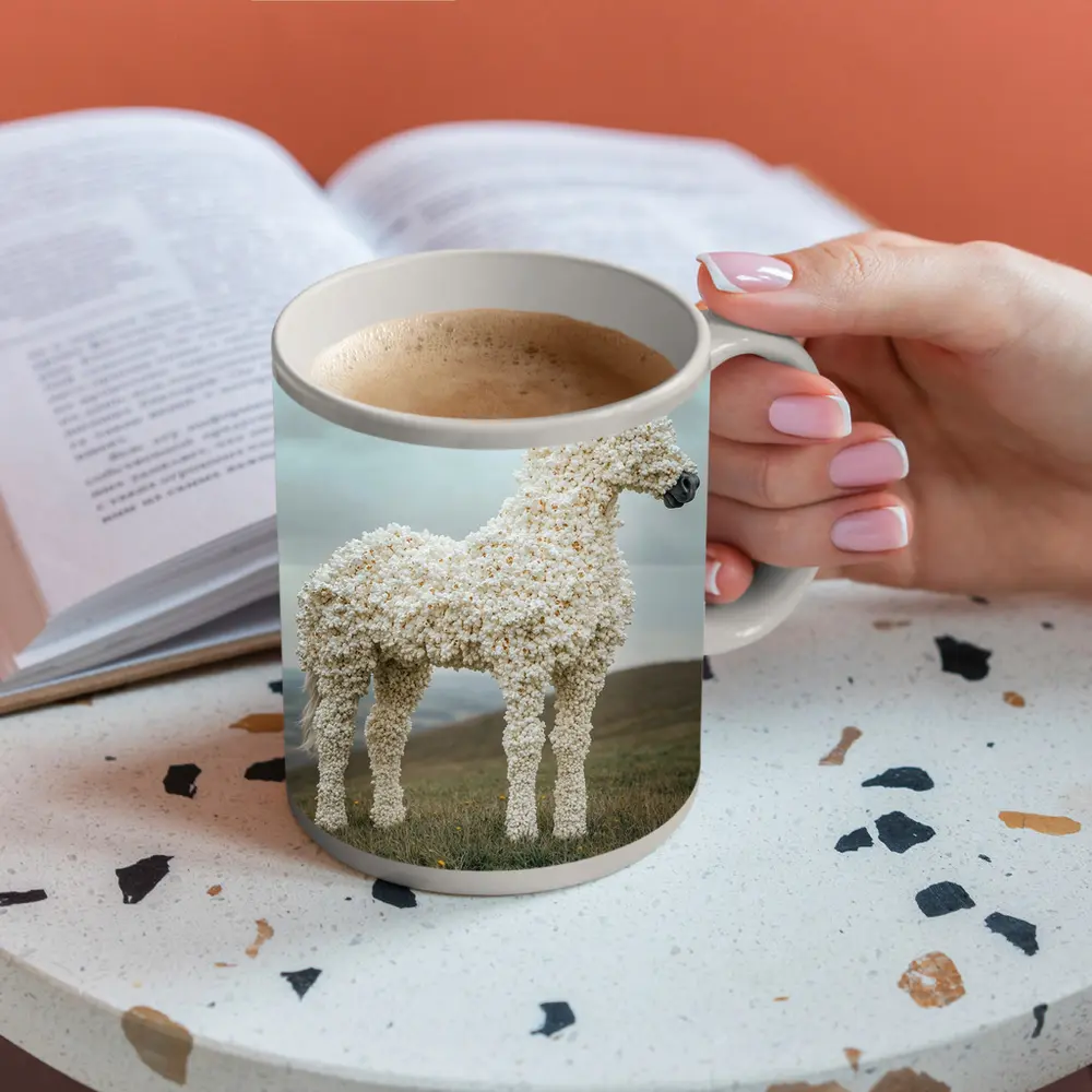 Popcorn Horse Sculpture Standing On Green Hills – Mugs