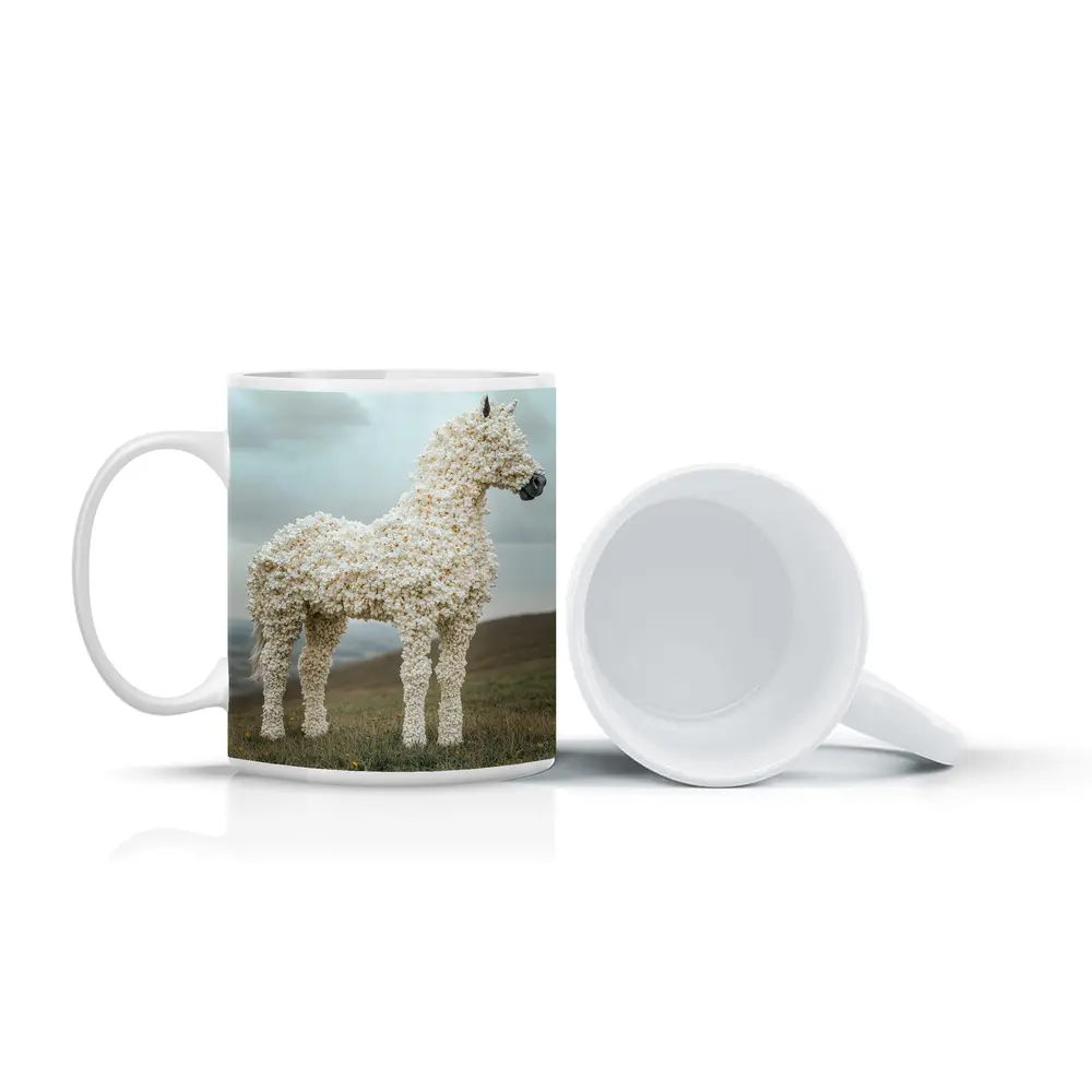 Popcorn Horse Sculpture Standing On Green Hills – Mugs