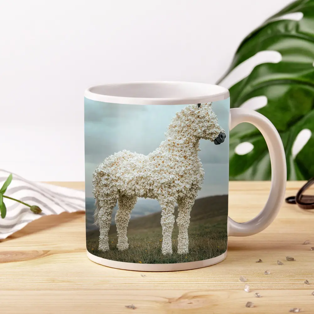Popcorn Horse Sculpture Standing On Green Hills – Mugs