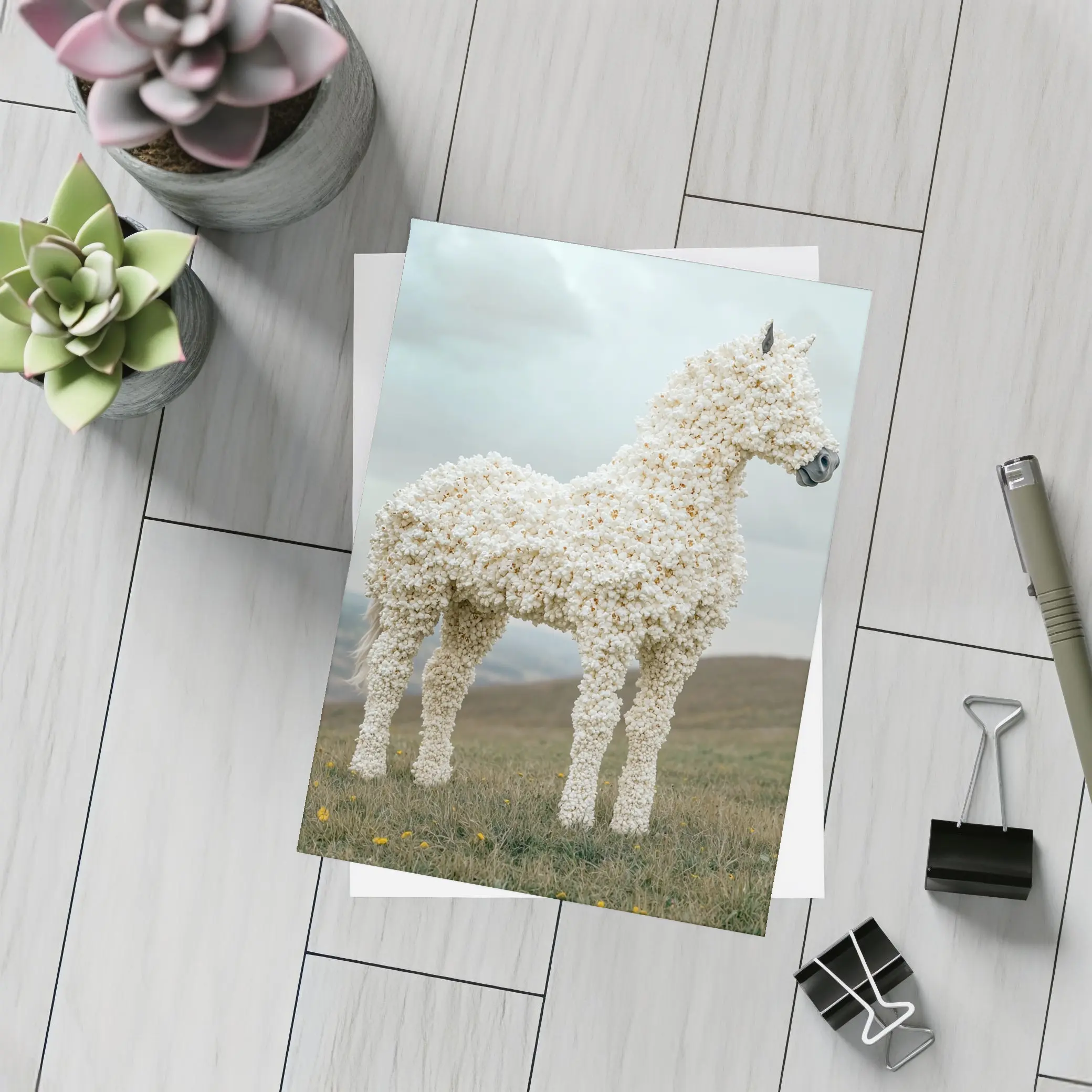 Popcorn Horse Sculpture Standing On Green Hills – Postcards