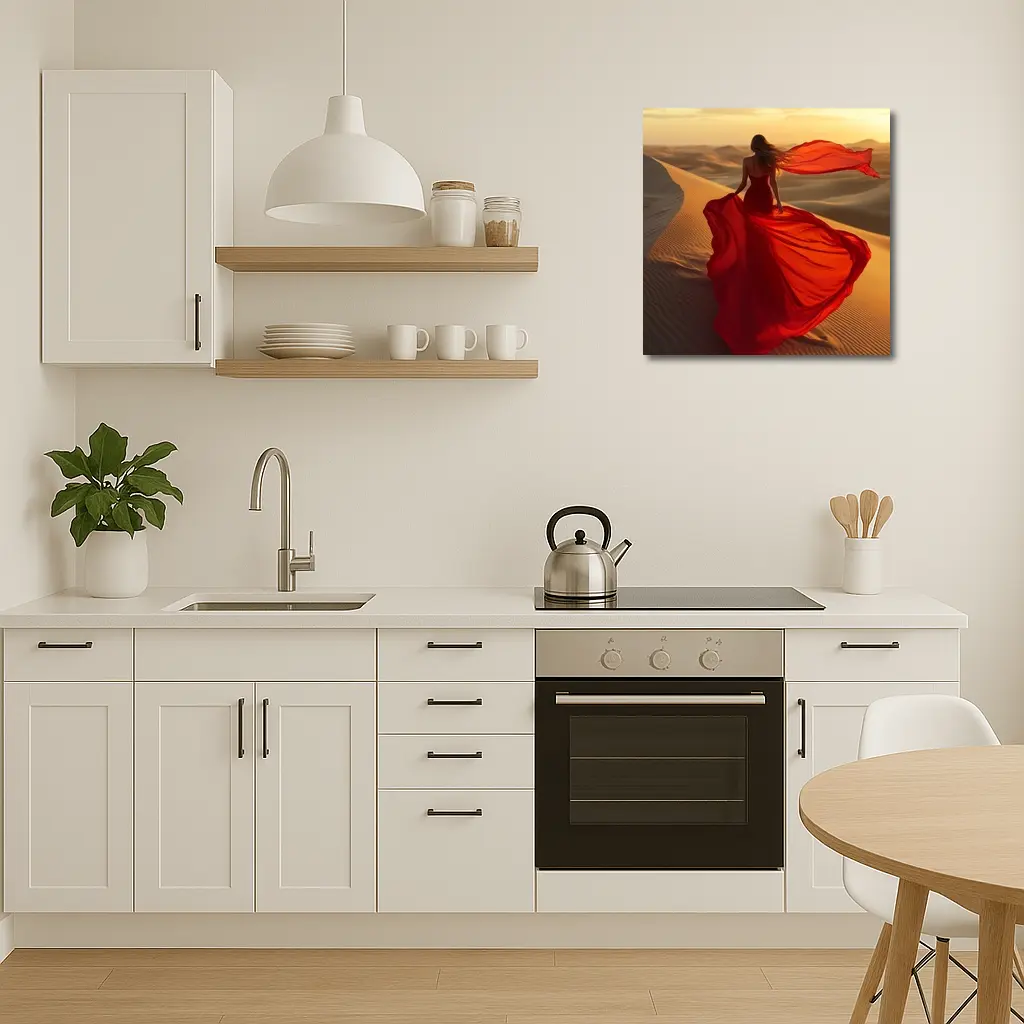 Woman Red Dress Walking Desert Sand Dunes – Wall Art