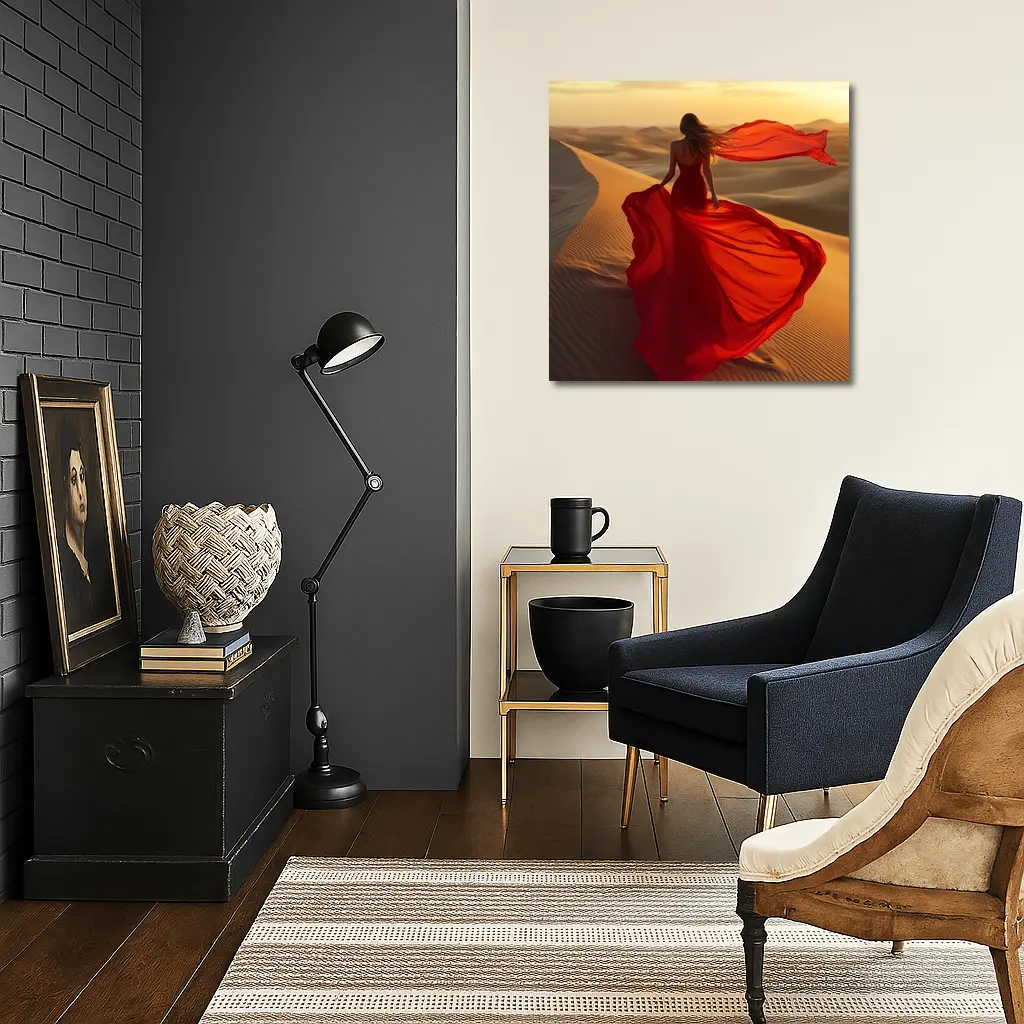 Woman Red Dress Walking Desert Sand Dunes – Wall Art