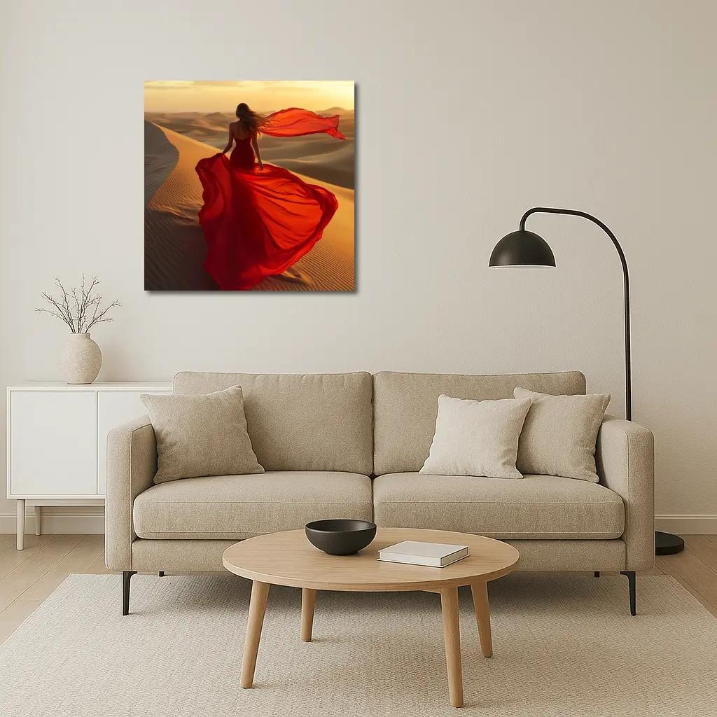 Woman Red Dress Walking Desert Sand Dunes – Wall Art