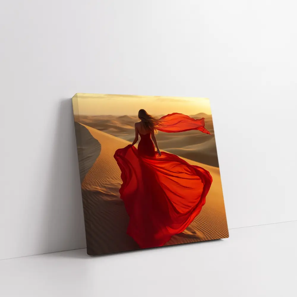 Woman Red Dress Walking Desert Sand Dunes – Wall Art