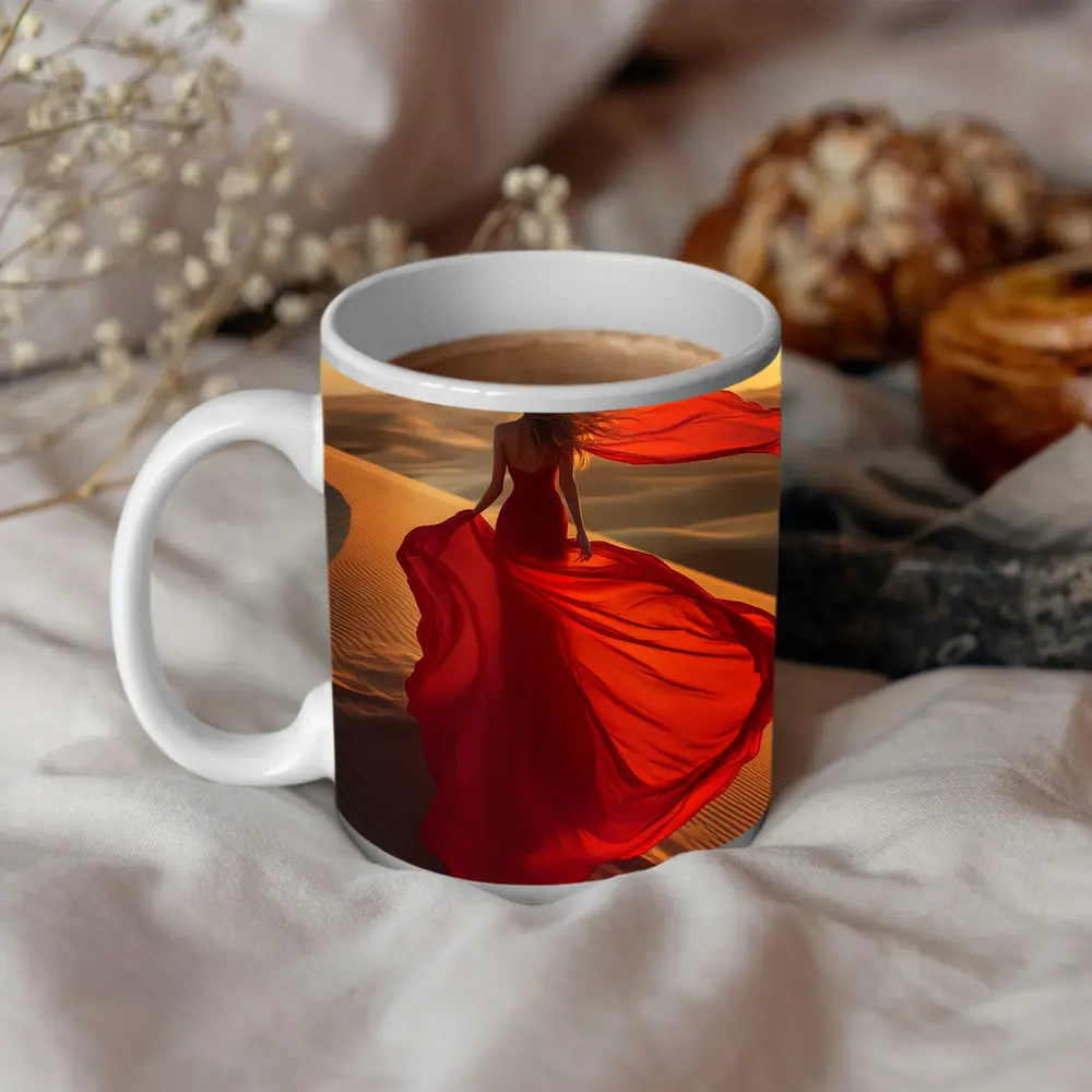 Woman Red Dress Walking Desert Sand Dunes – Mugs