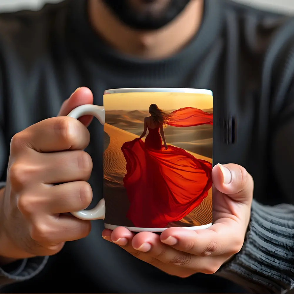 Woman Red Dress Walking Desert Sand Dunes – Mugs