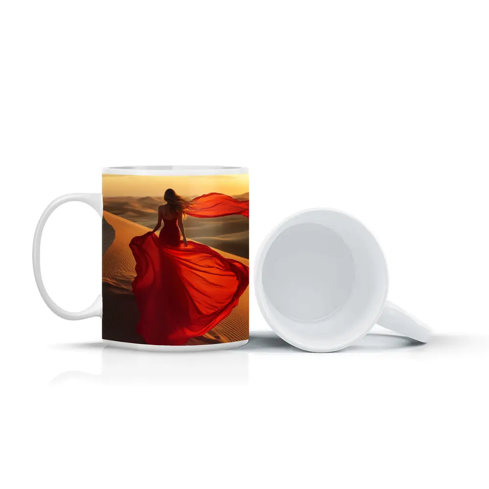 Woman Red Dress Walking Desert Sand Dunes – Mugs