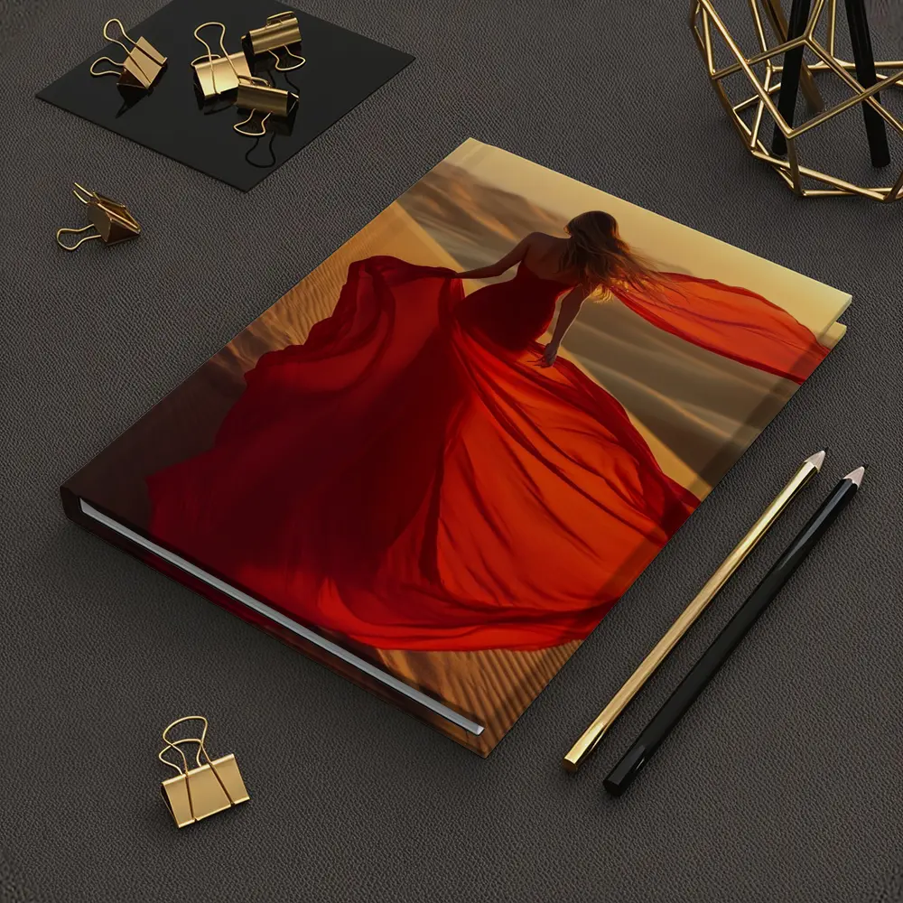 Woman Red Dress Walking Desert Sand Dunes – Notebooks