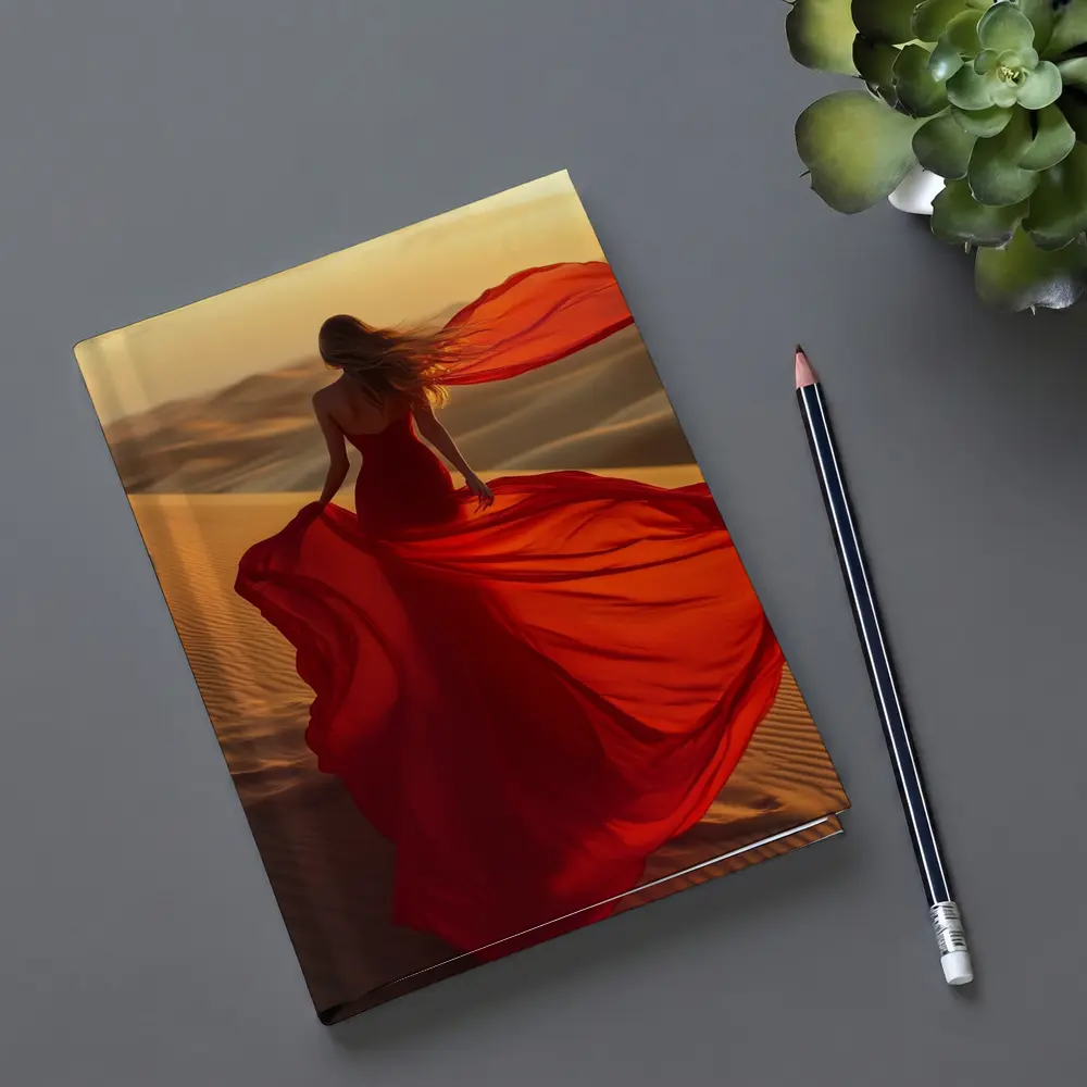 Woman Red Dress Walking Desert Sand Dunes – Notebooks