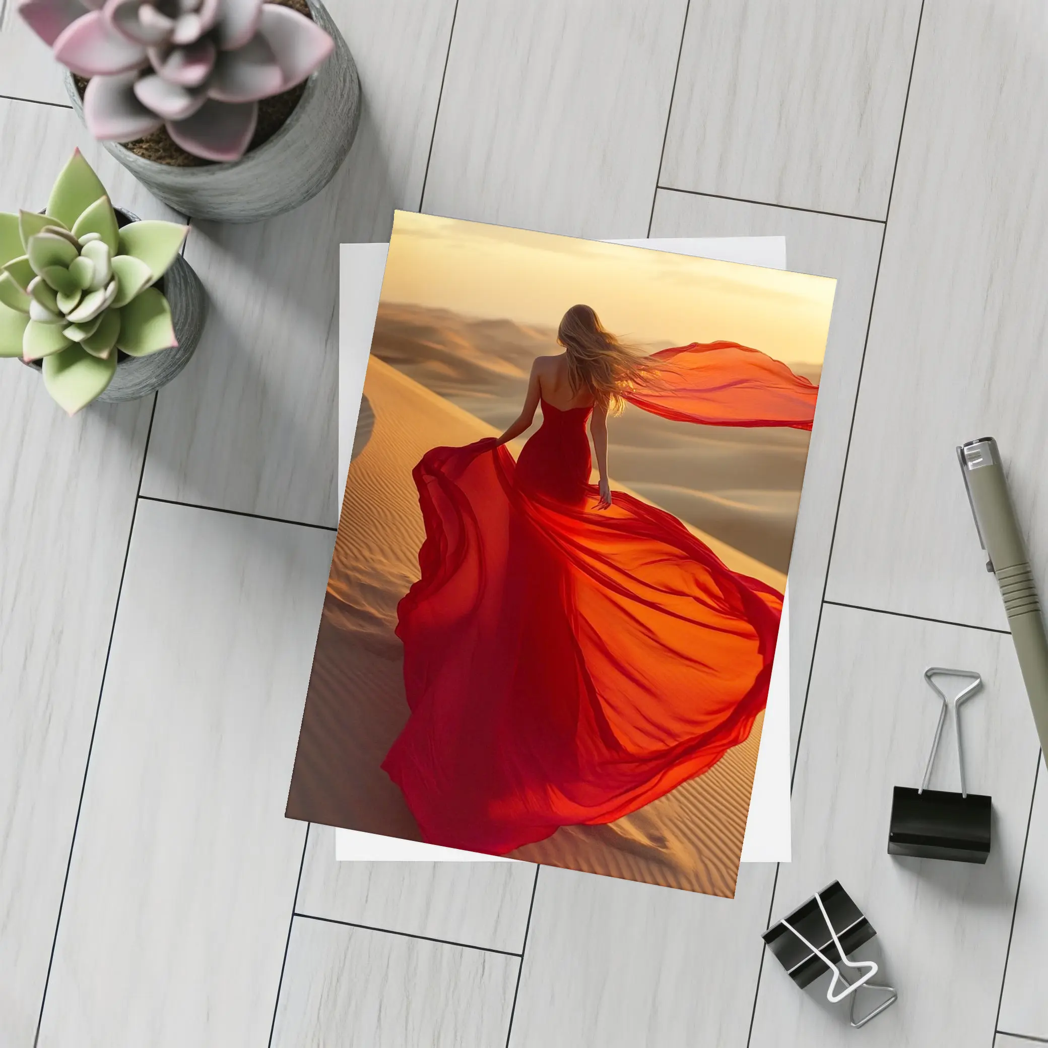 Woman Red Dress Walking Desert Sand Dunes – Postcards