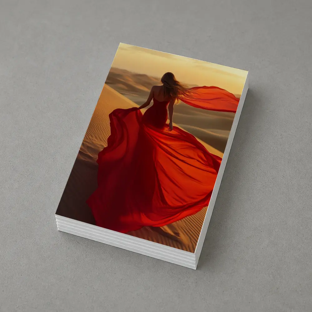 Woman Red Dress Walking Desert Sand Dunes – Postcards