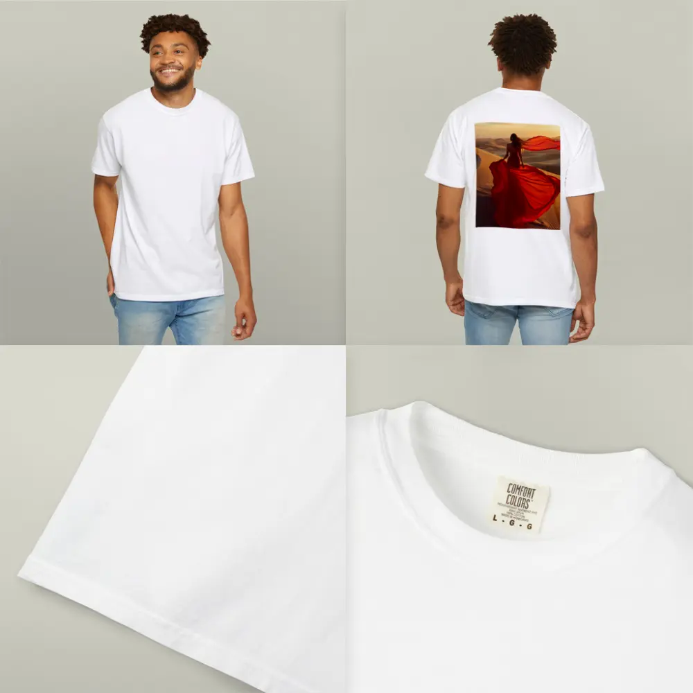 Woman Red Dress Walking Desert Sand Dunes – T-Shirts