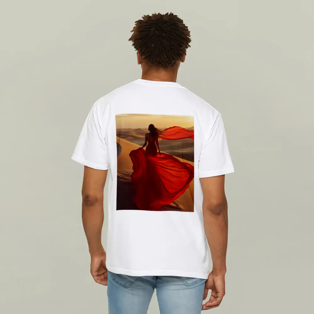 Woman Red Dress Walking Desert Sand Dunes – T-Shirts