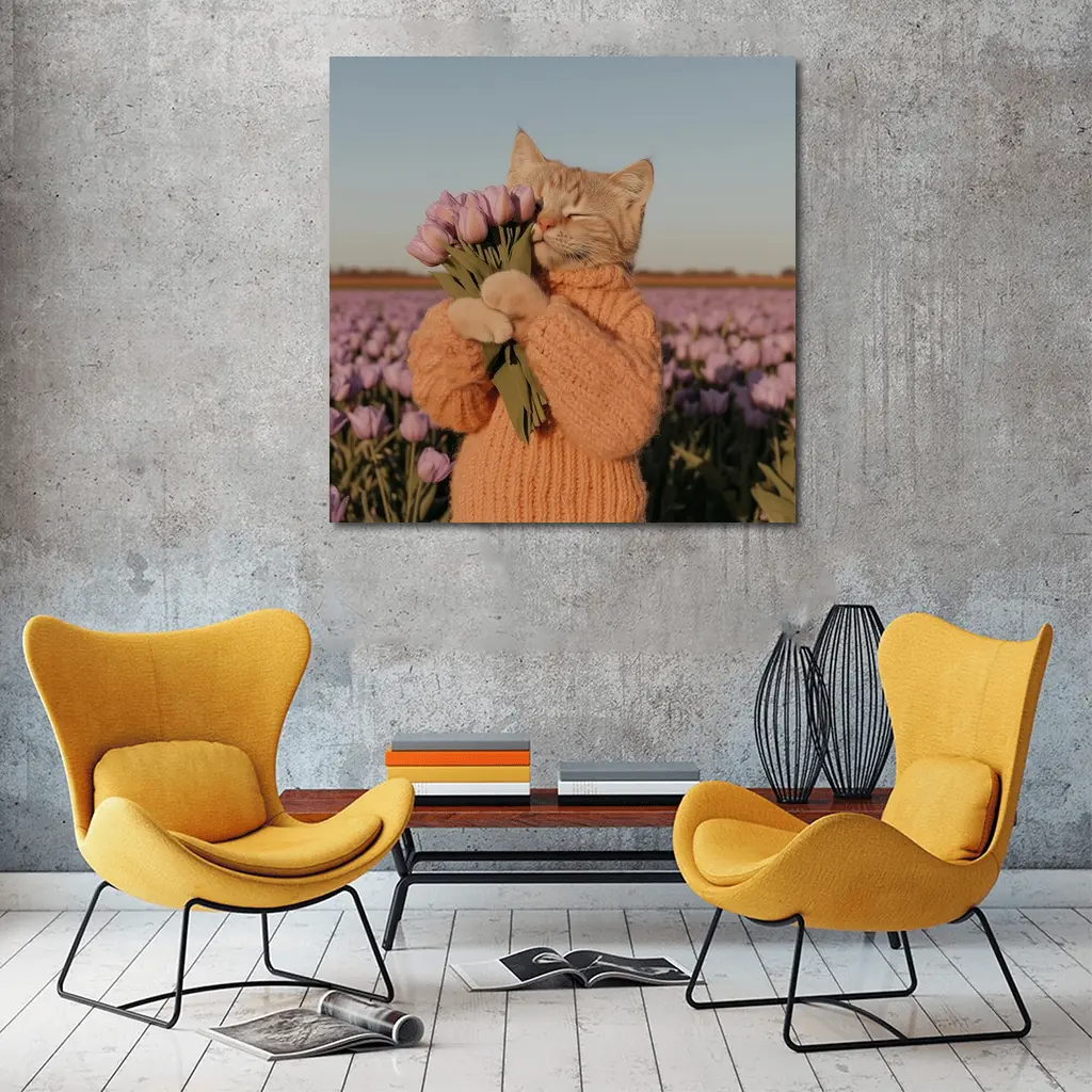 Cat in Sweater Holding Tulips Field – Wall Art