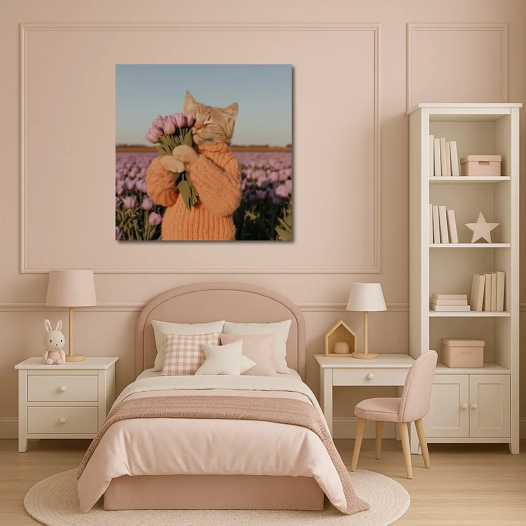 Cat in Sweater Holding Tulips Field – Wall Art