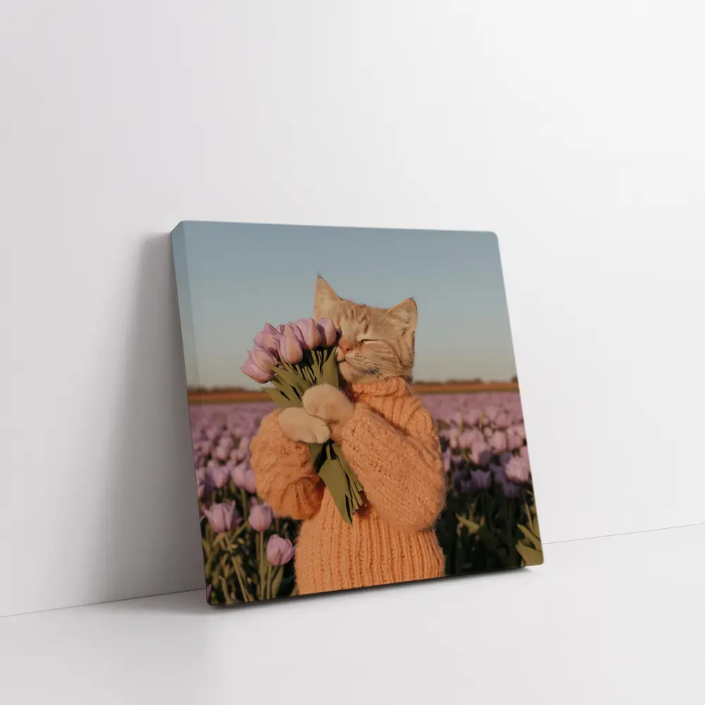 Cat in Sweater Holding Tulips Field – Wall Art