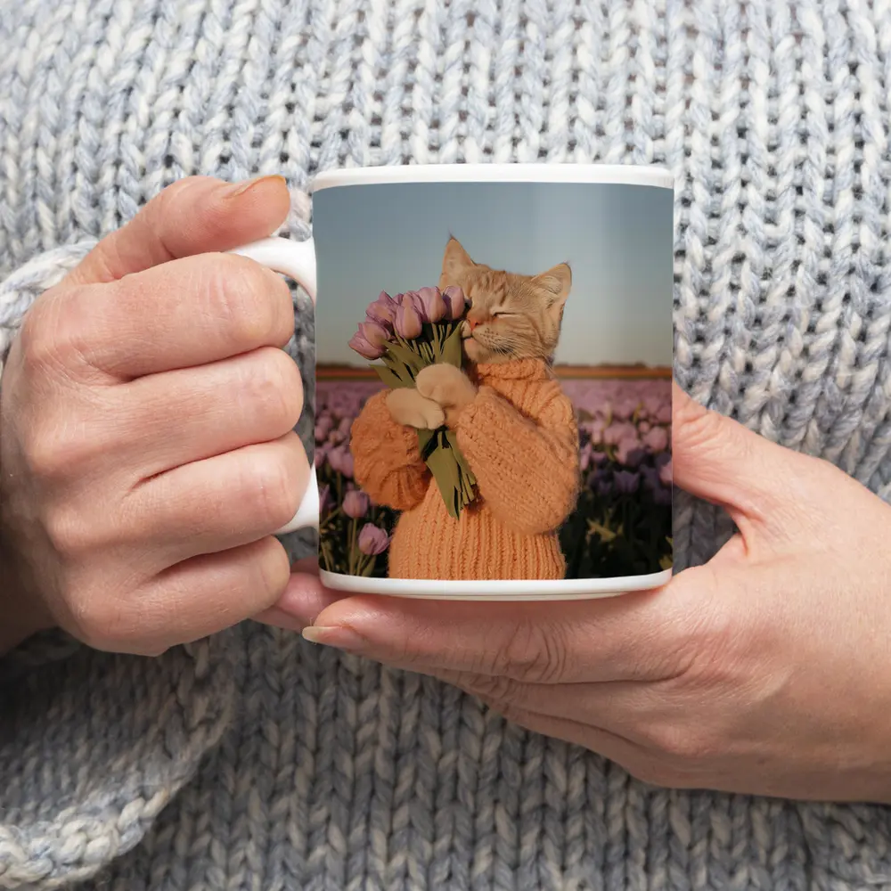 Cat in Sweater Holding Tulips Field – Mugs