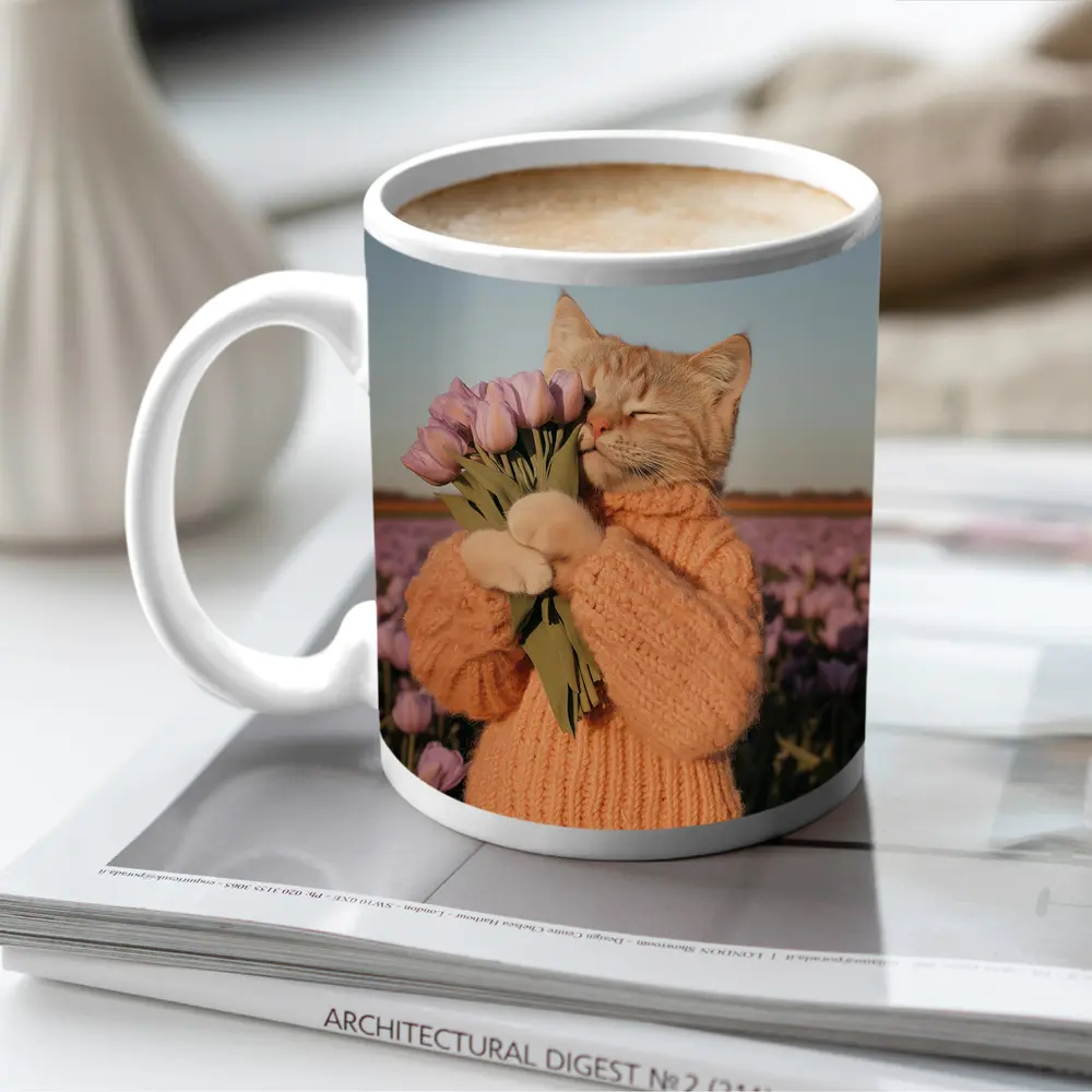 Cat in Sweater Holding Tulips Field – Mugs