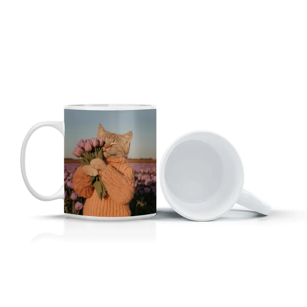 Cat in Sweater Holding Tulips Field – Mugs