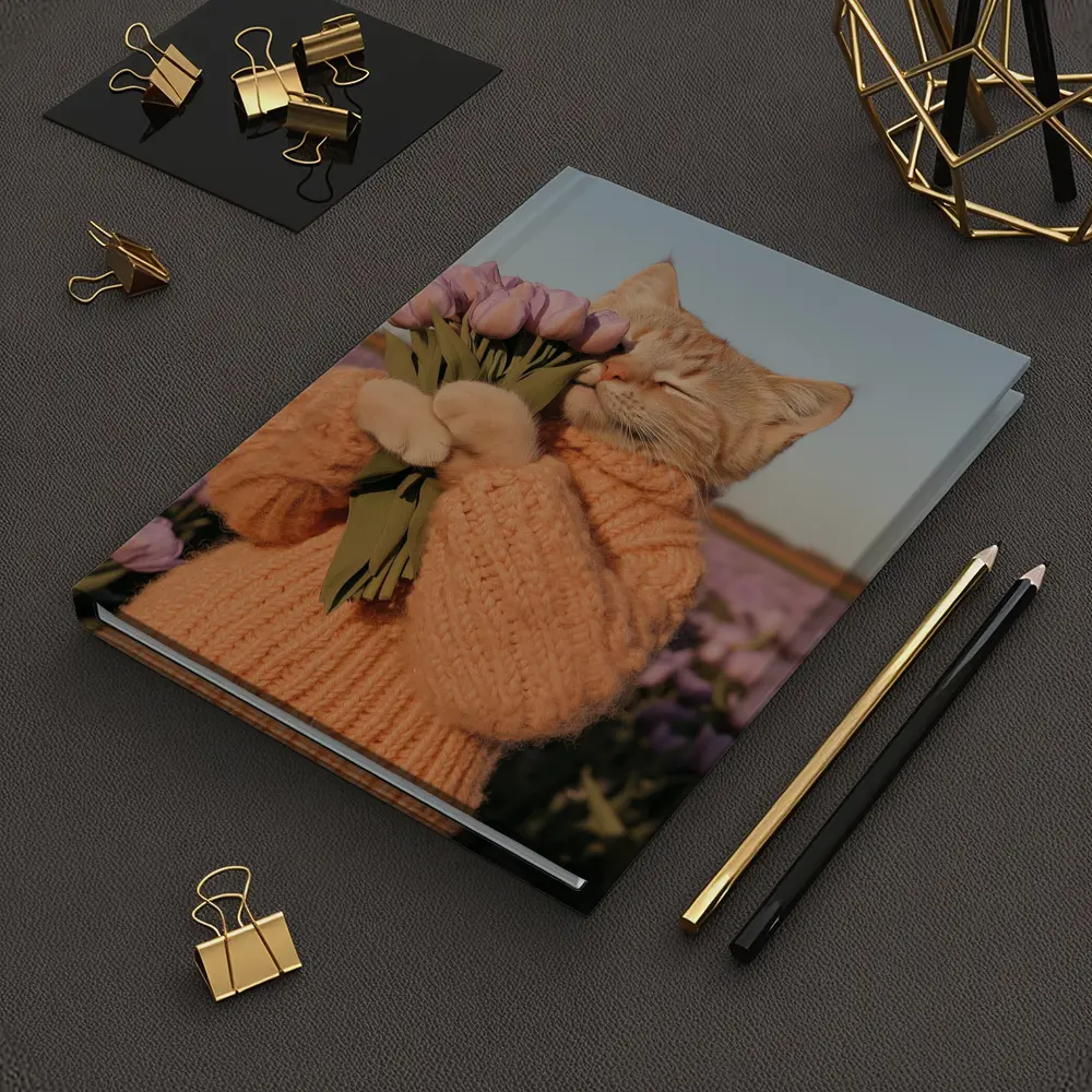 Cat in Sweater Holding Tulips Field – Notebooks