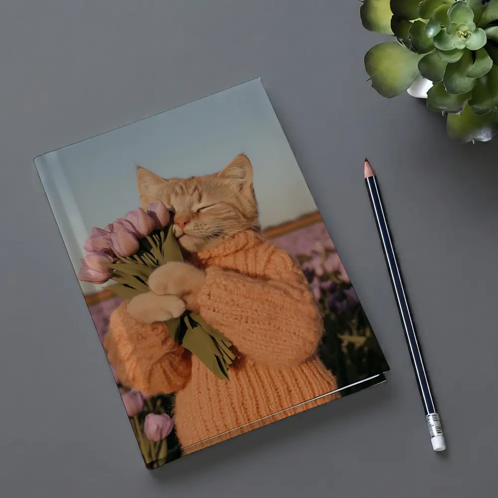 Cat in Sweater Holding Tulips Field – Notebooks