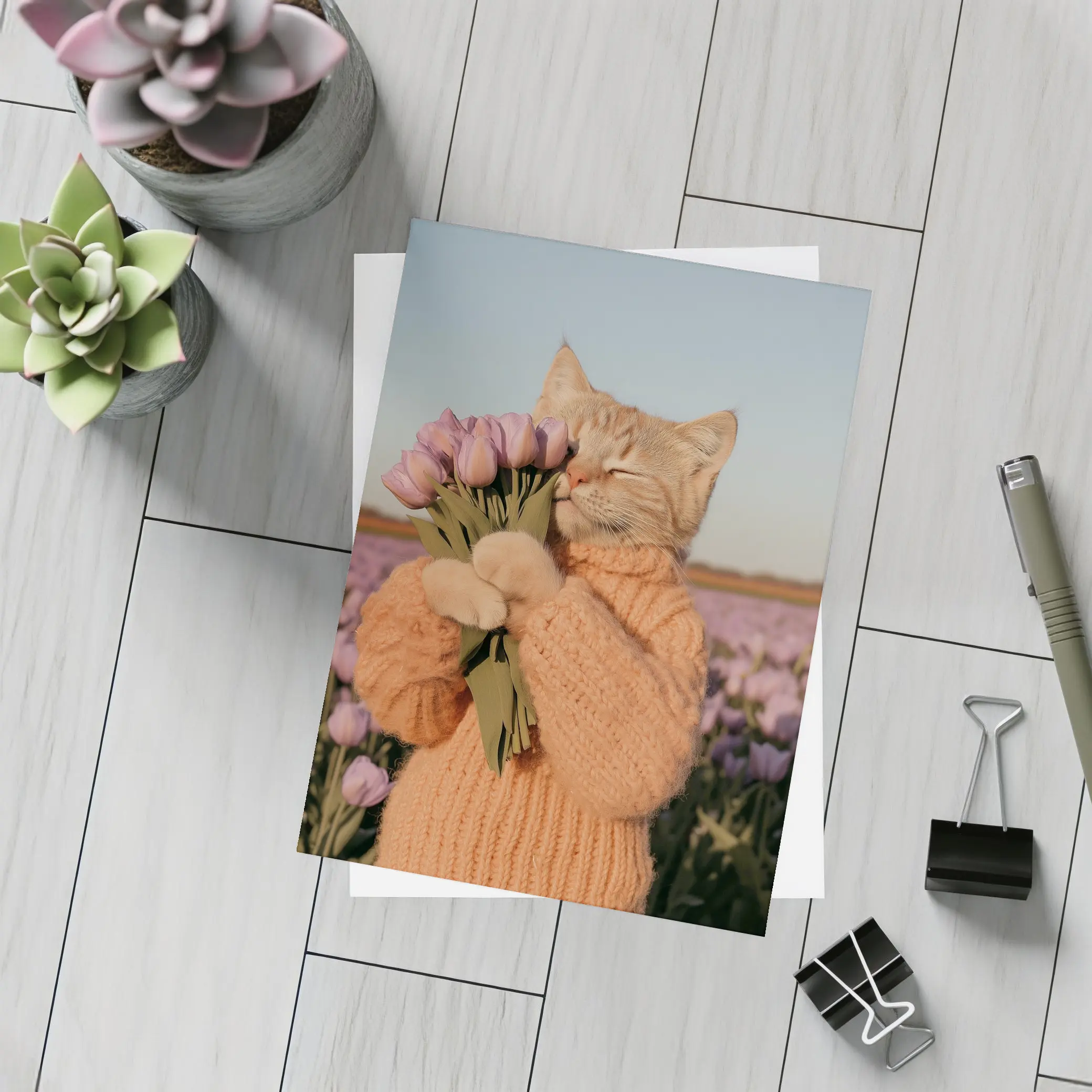 Cat in Sweater Holding Tulips Field – Postcards