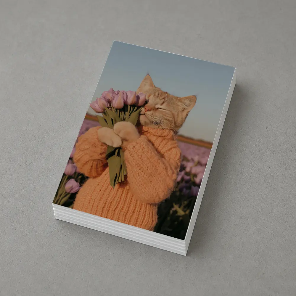 Cat in Sweater Holding Tulips Field – Postcards