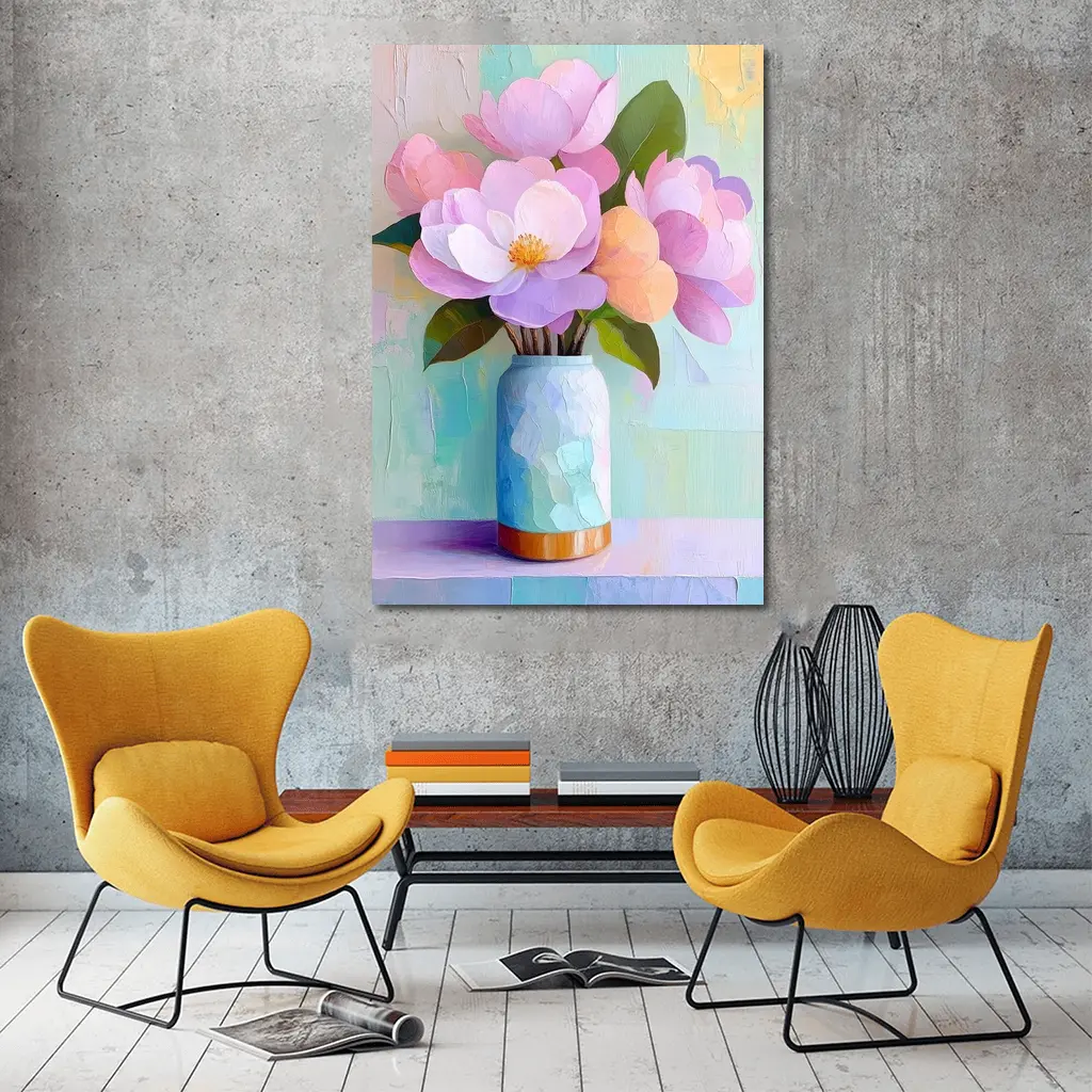 Pink Magnolia Flowers Pastel Oil Painting – Wall Art