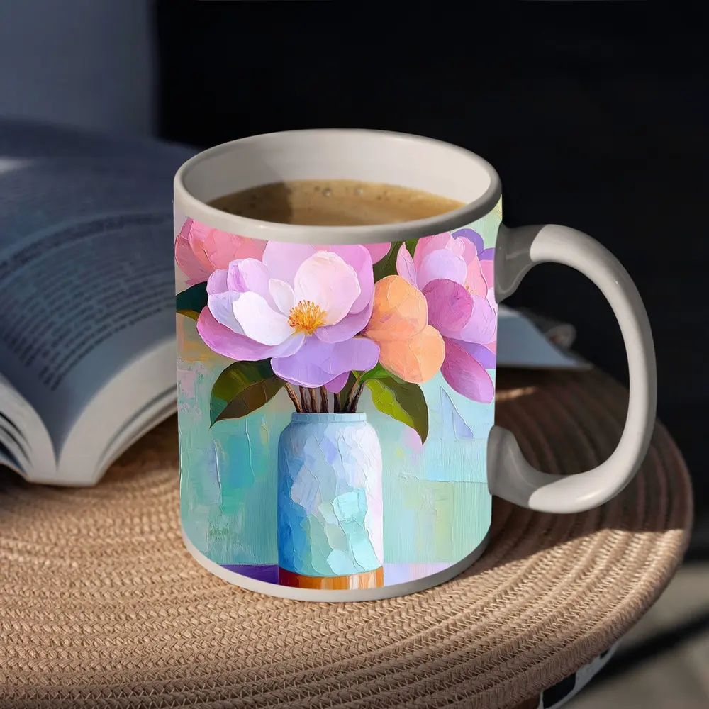 Pink Magnolia Flowers Pastel Oil Painting – Mugs